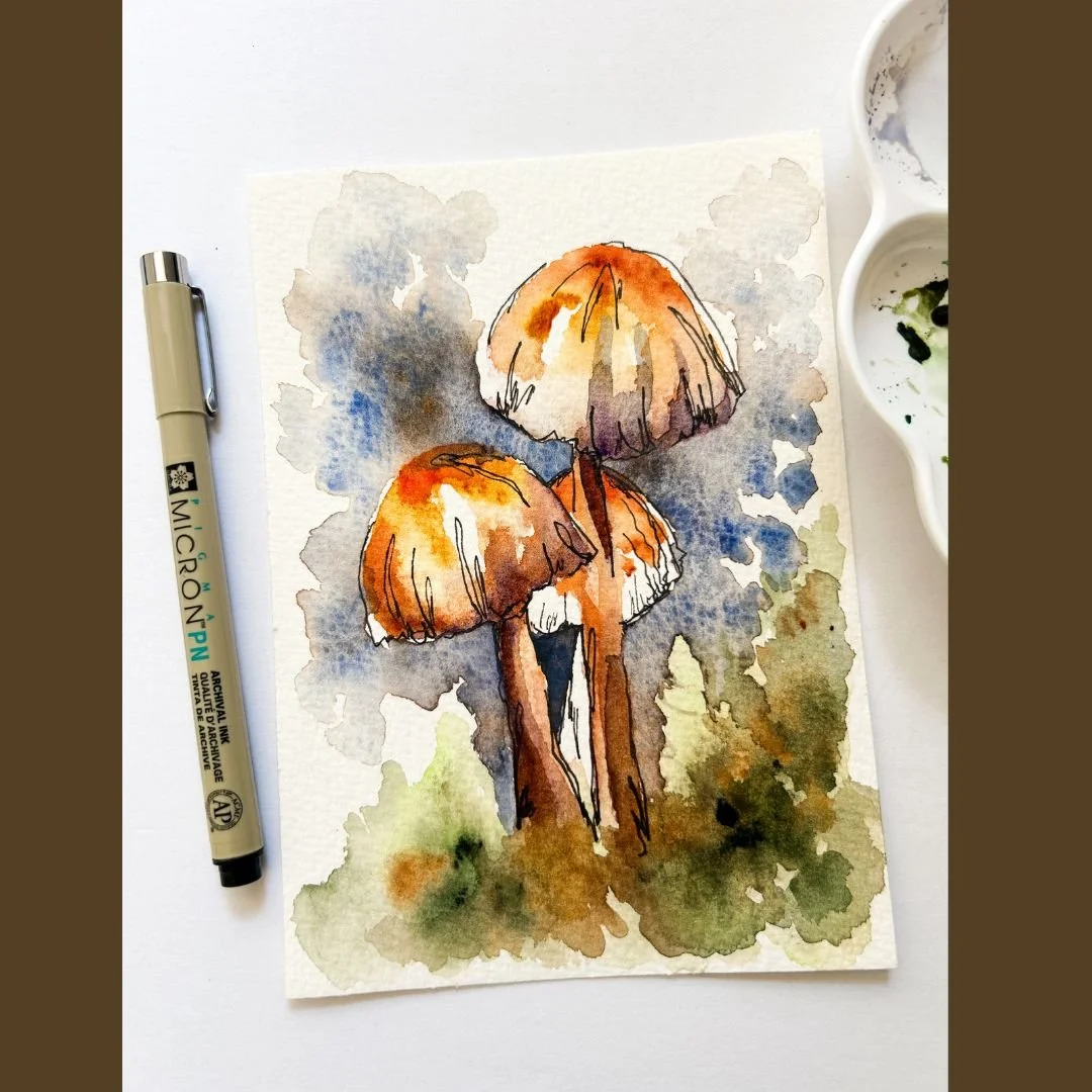 Expressive Watercolor and Ink: Autumn Mushrooms