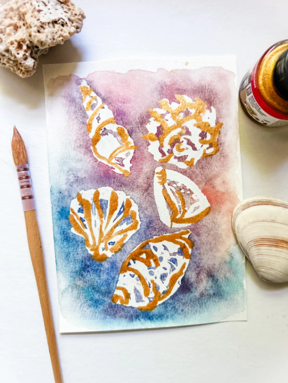 Gilded Watercolor Seashells: An Introduction to Masking Fluid 