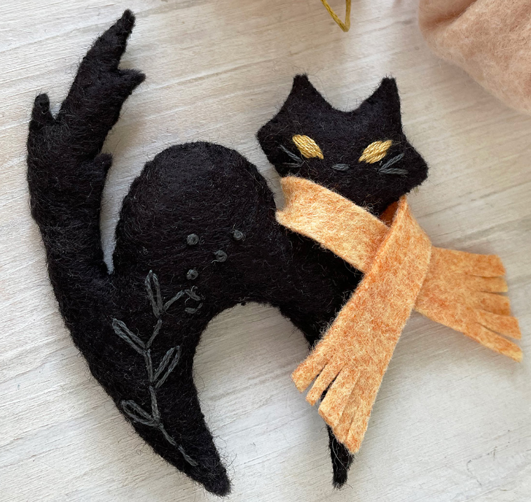 Embroidered Felt Black Cat