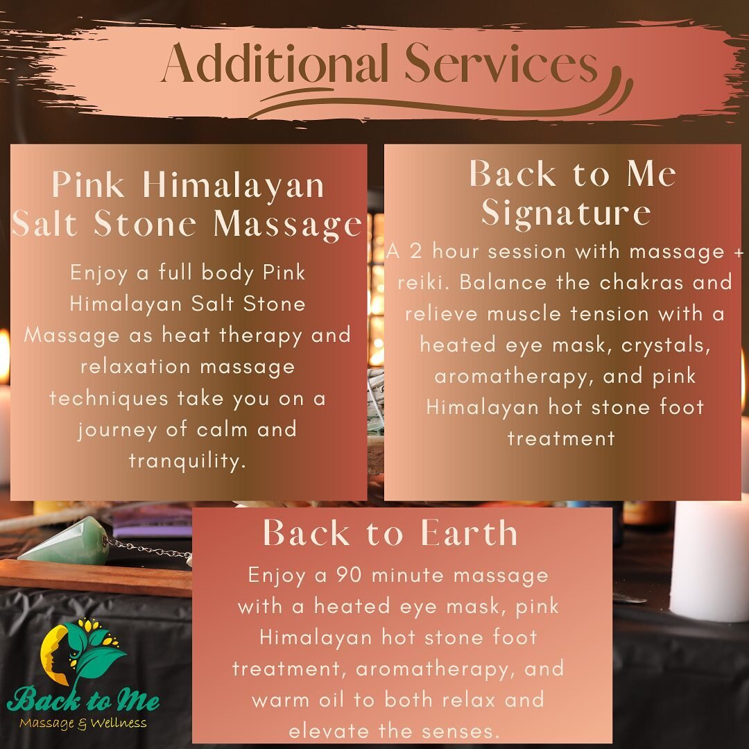 ✨Nourish the senses, relieve stress, and rest even more during your session by selecting a signature service or add-ons! Link in Bio to book your appointment today 😌💆🏾&zwj;♀️✨ #backtome #massage #loveyourself #selfcare #hotstonesmassage #energyhea