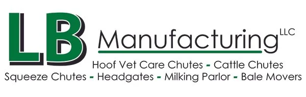 Logo for LB Manufacturing LLC with services listed: Hoof Vet Care Chutes, Cattle Chutes, Squeeze Chutes, Headgate, Milking Parlor, Bale Movers.