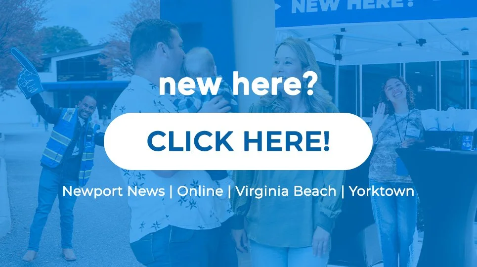 an image with the text of "new here?" click here. newport news, online, virginia beach, yorktown. images of smiling people
