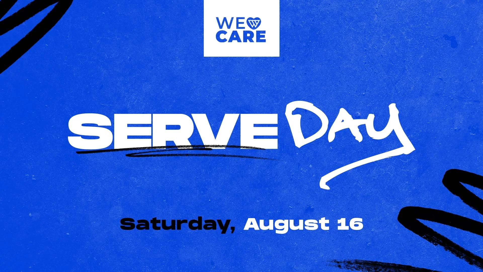 Blue digital graphic with white and black text promoting a serve day event on Saturday, August 16, with black abstract designs in the corners.