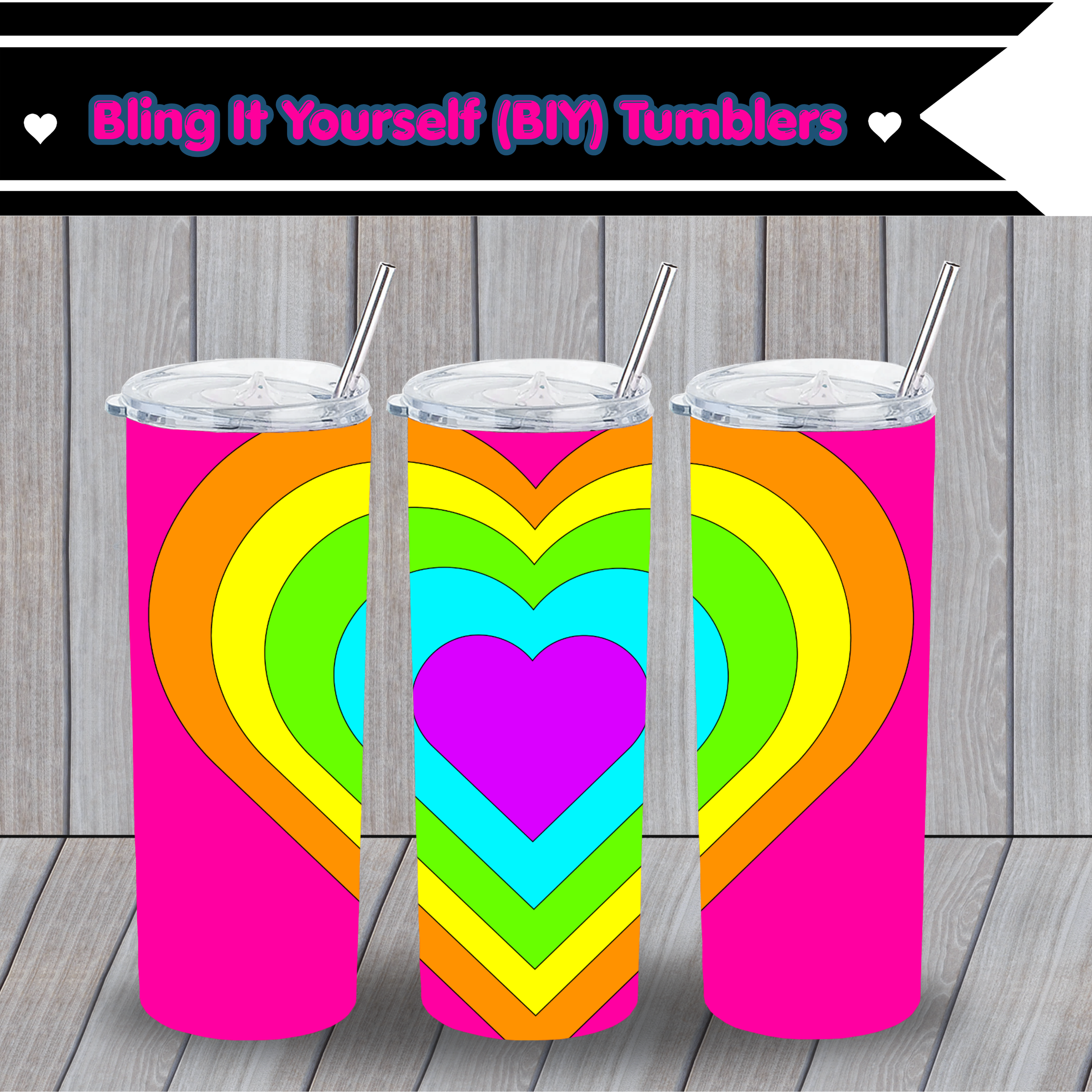 Bling It Yourself (BIY) Rainbow Heart Burst Sublimation Tumbler