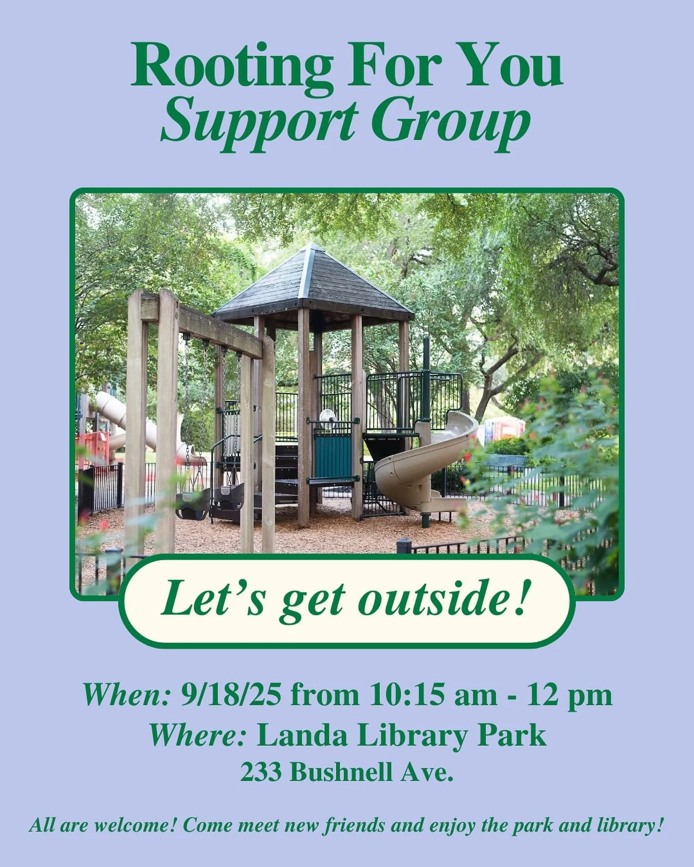 📚 This Thursday (9/18/25) we&rsquo;re taking support group on the road to Landa Branch Library and Park! At 10:15 am the library will host a family outdoor story time and then we&rsquo;ll keep the party going afterward!

It is recommended to bring a