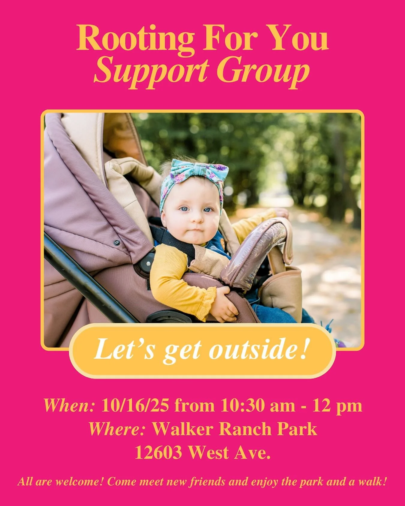 We can&rsquo;t wait to see y&rsquo;all on Thursday! Support Group is taking it to the sidewalks at Walker Ranch Park on 10/16 from 10:30-12. We&rsquo;ll meet by the playscape, walk for a bit, then end again by the playscape so the bigger littles can 
