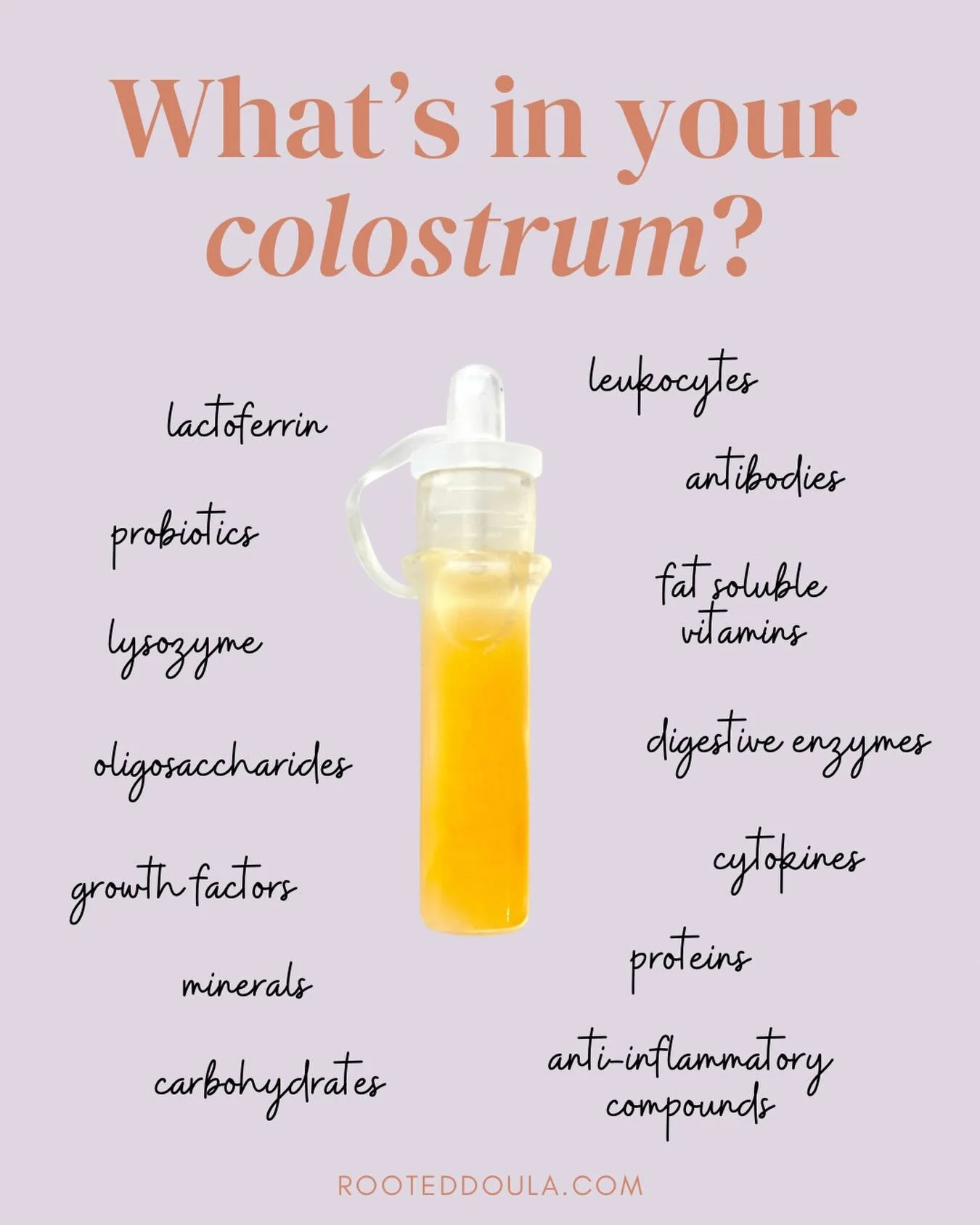 💛 Colostrum is the first milk your body makes (starting around 16 weeks of pregnancy) and it makes the perfect first food for your baby! Here&rsquo;s what it&rsquo;s made of:
&bull; antibodies - Coat and protect baby&rsquo;s gut, helping prevent inf