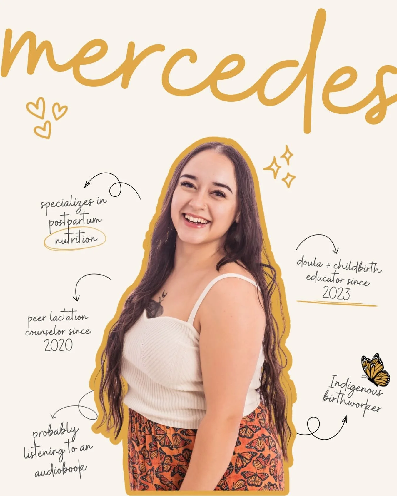 🎤 Allow us to reintroduce ourselves 🎶
✨ Meet Mercedes! She&rsquo;s an Indigenous doula, childbirth educator, and Peer Breastfeeding Counselor! You might see her supporting families in the birth space or cooking up nourishing meals for her postpartu