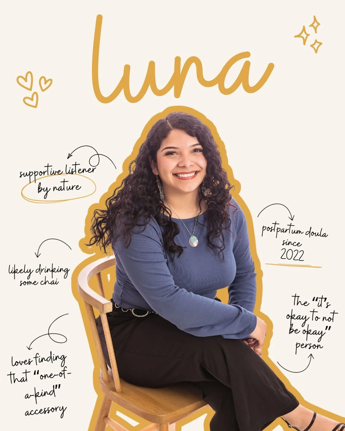 🎤 Allow us to reintroduce ourselves 🎶
✨ Meet Luna! She&rsquo;s a postpartum doula who is passionate about parents feeling supported and well cared for during their postpartum experience! You might see her at daytime or overnight postpartum shifts, 