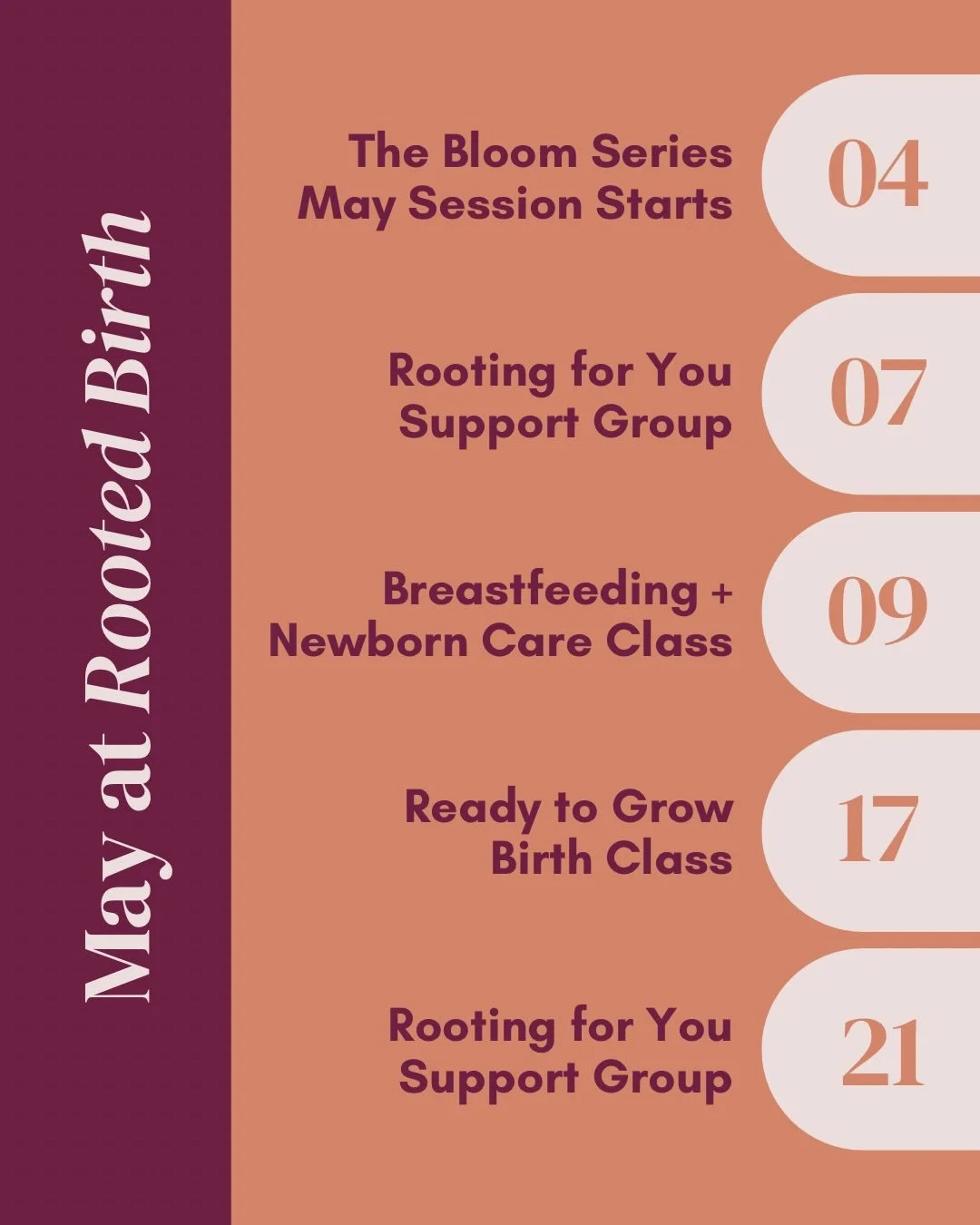 🌼 It&rsquo;s May! 🌼 Check out our events and classes coming up this month! 
Register at: rooteddoula.com/events-classes