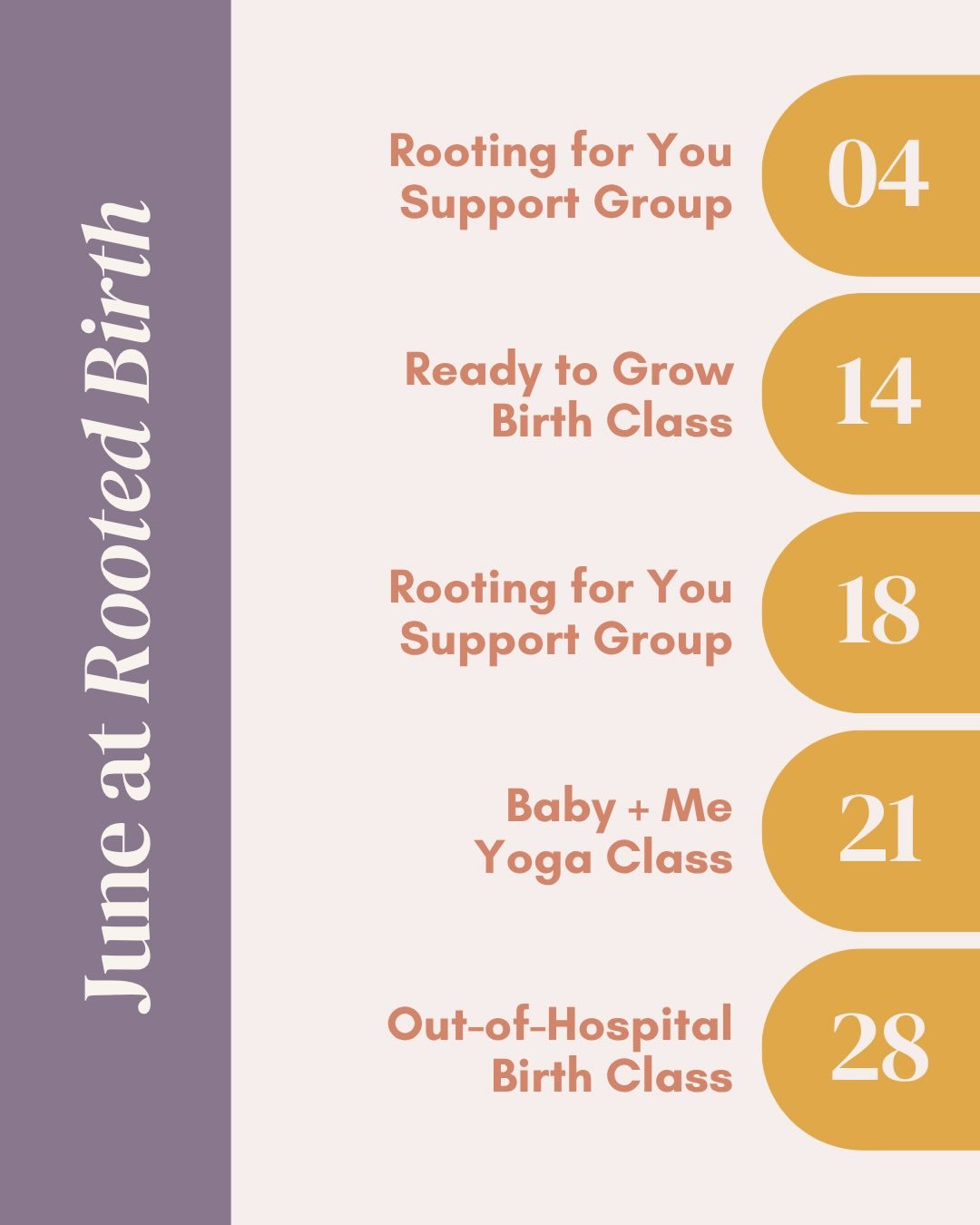 🌼 So excited for this month&rsquo;s lineup! Join us in June for a birth class, yoga, or our free support group!

You can find all details on our website at rooteddoula.com 🌼