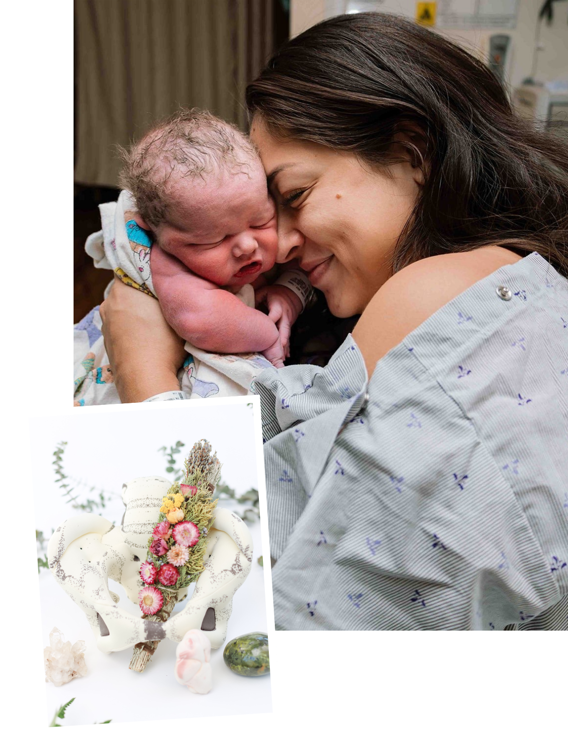 A woman holding a newborn baby close, both with their noses touching in a tender moment in a hospital. There is a picture of a decorated animal skull with flowers and stones in the foreground.