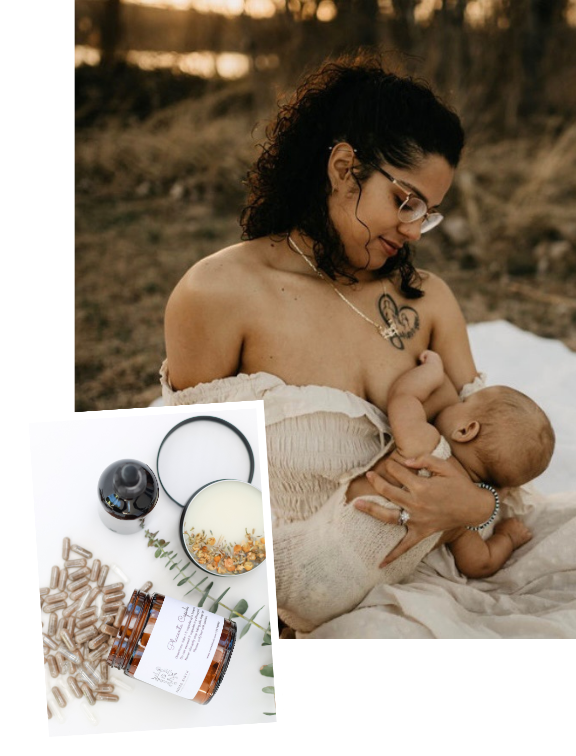 A woman with curly dark hair and glasses breastfeeding a baby outdoors during sunset, while an inset image shows a bottle of encapsulated placenta pills, a bottle of placenta tincture, and placenta salve.