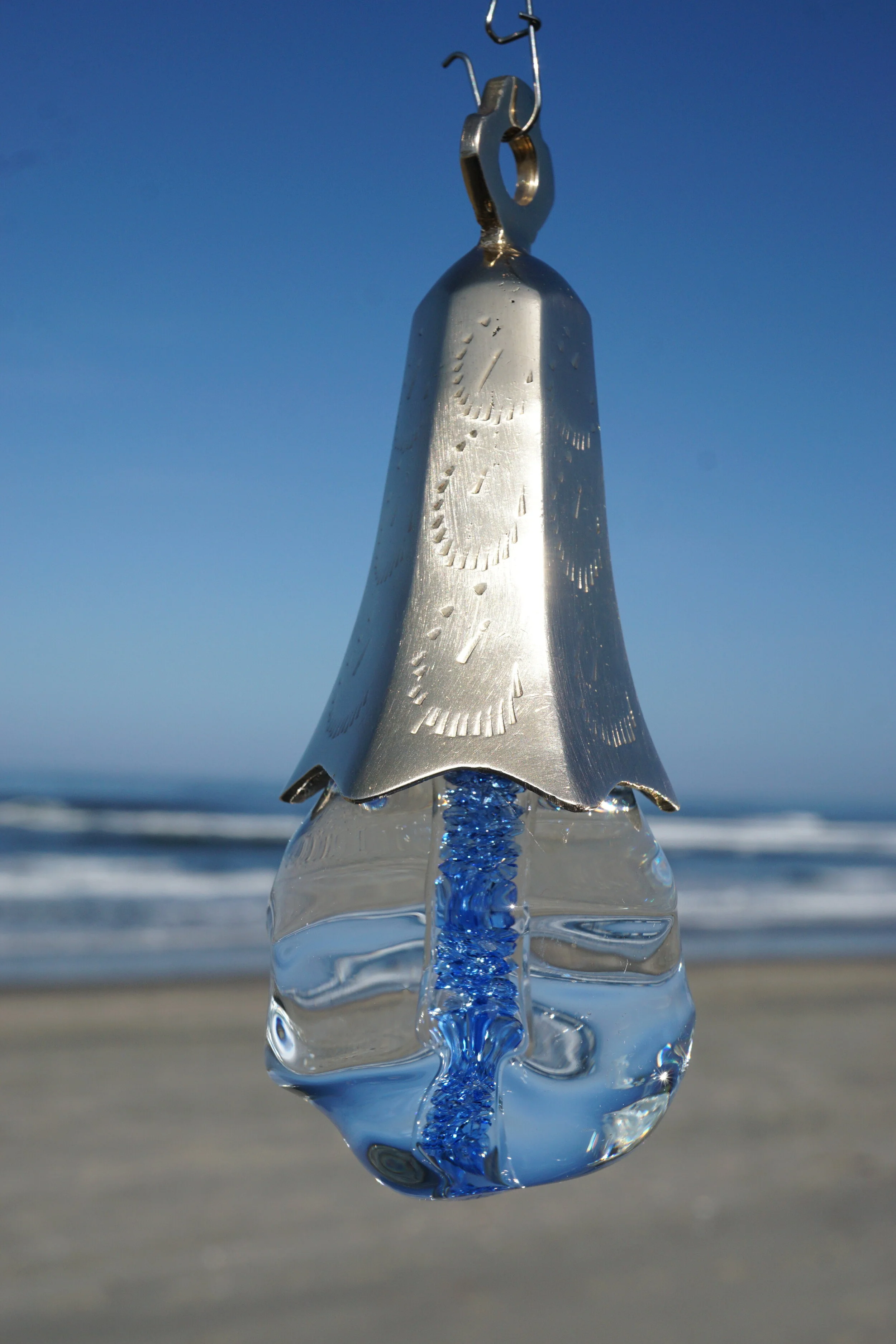 "Ice by Fire" Oregon Du Drop with Preciosa Sapphire Birthstones, Topped with an Hexagonal Bell and Filled with September Oregon Rain