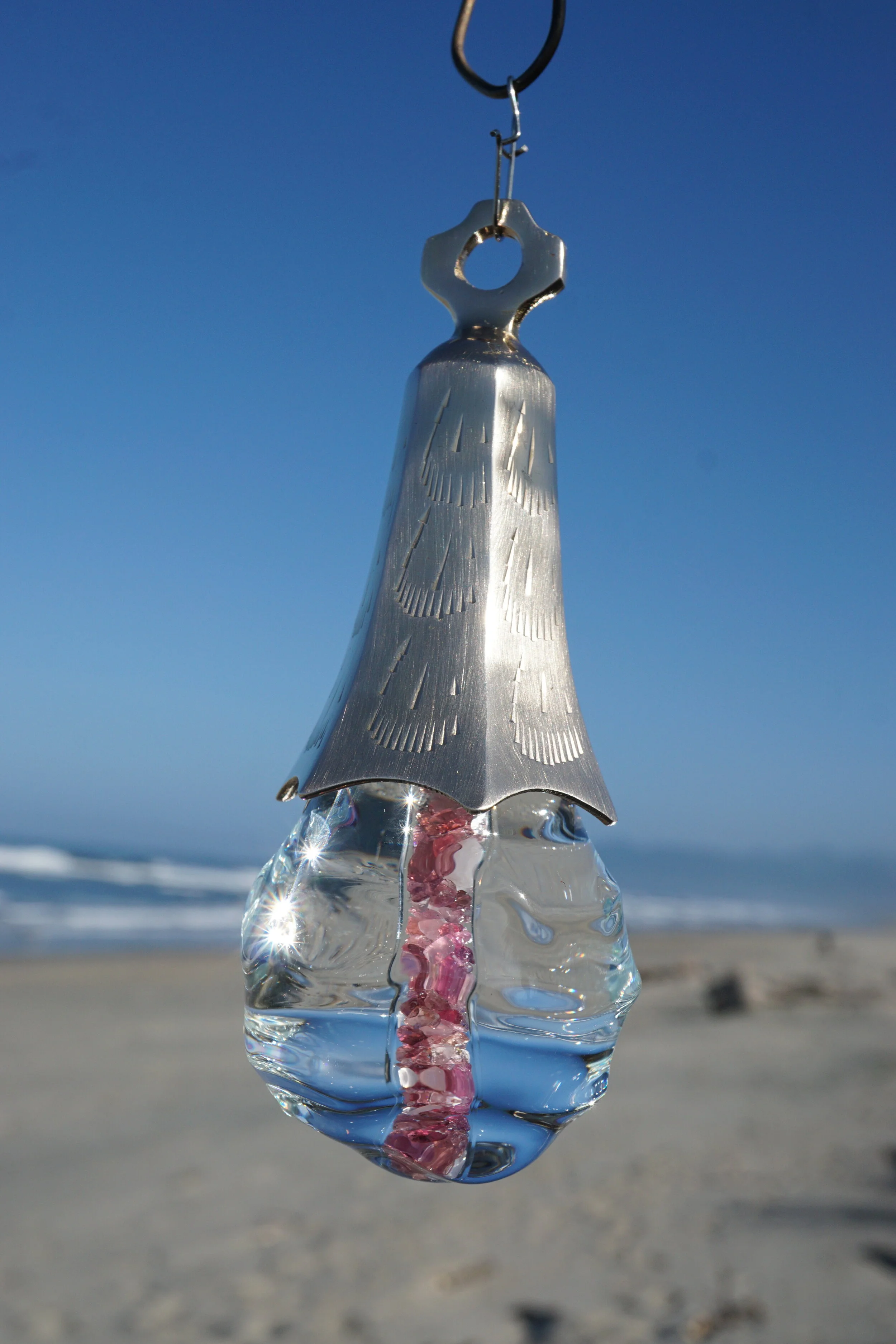 "Ice by Fire" Oregon Du Drop with Natural Tourmaline and Rose Quartz Birthstones, Topped with an Hexagonal Bell and Filled with October Oregon Rain