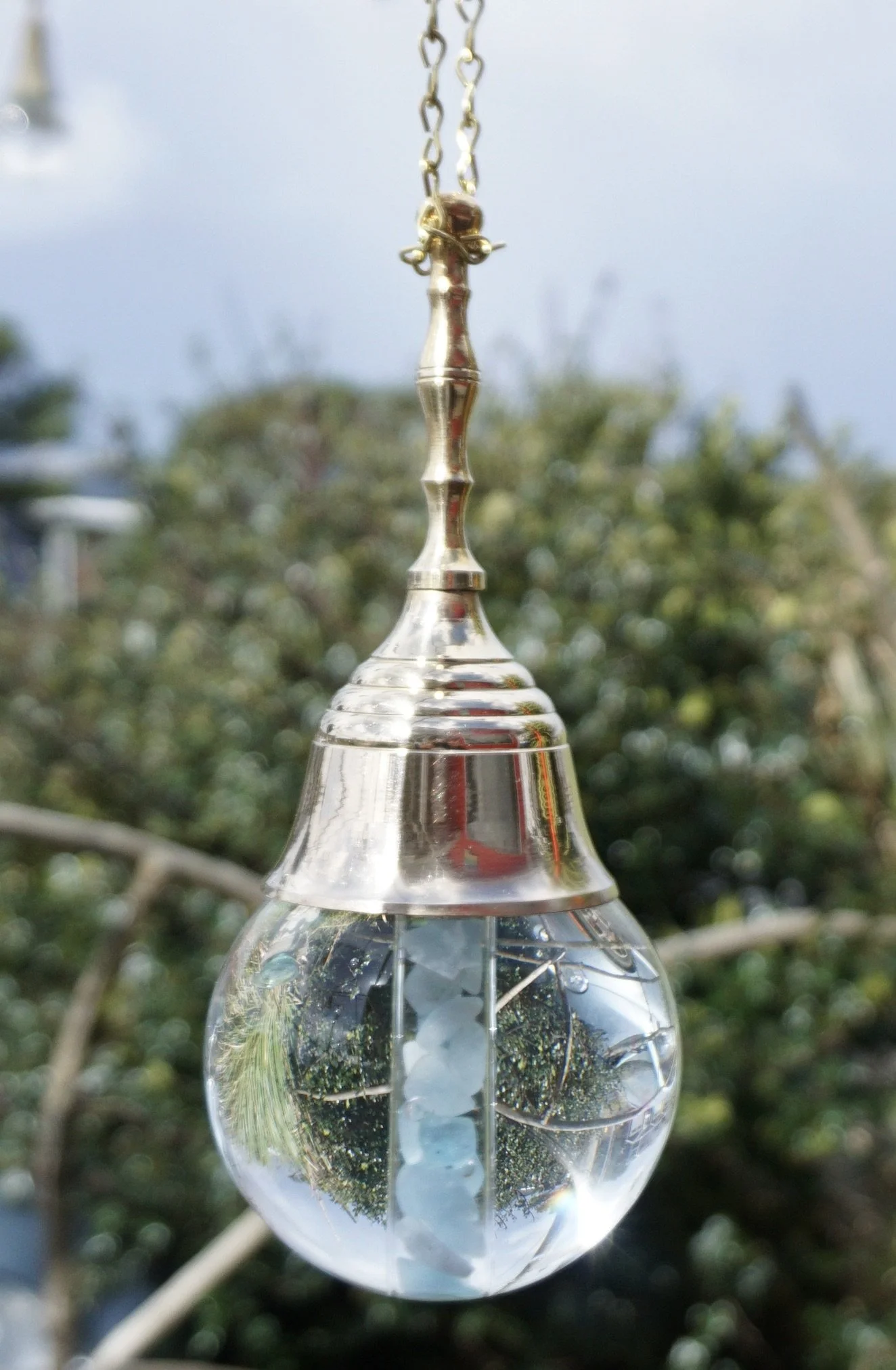 Vanity-sized Oregon Du Drop with tall brass bell and birthstones.