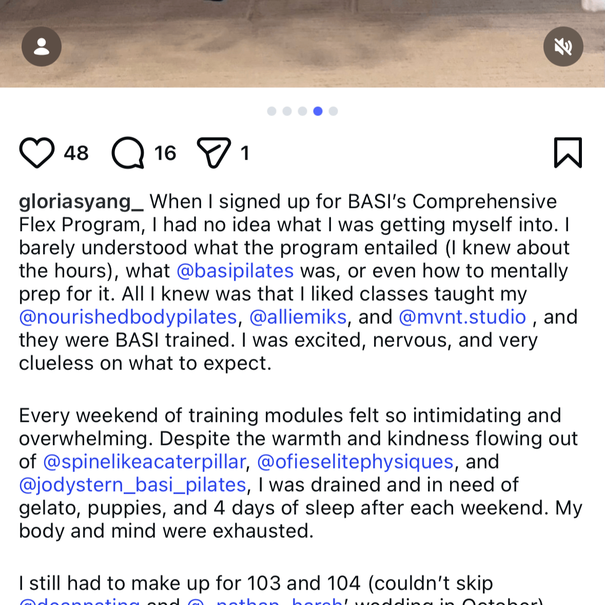 a instagram caption from gloriayang_ sharing her journey in basi pilates education and the teachers who inspire her