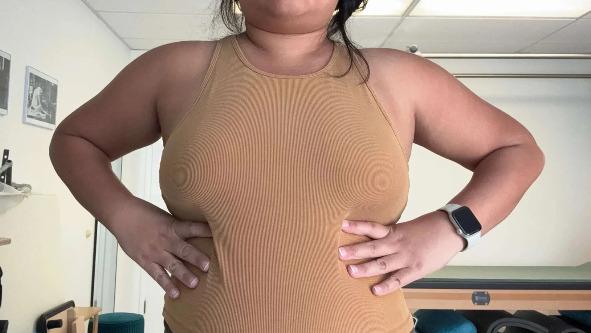 Julie showing the first hand placement phase of our 360 breathing exercise