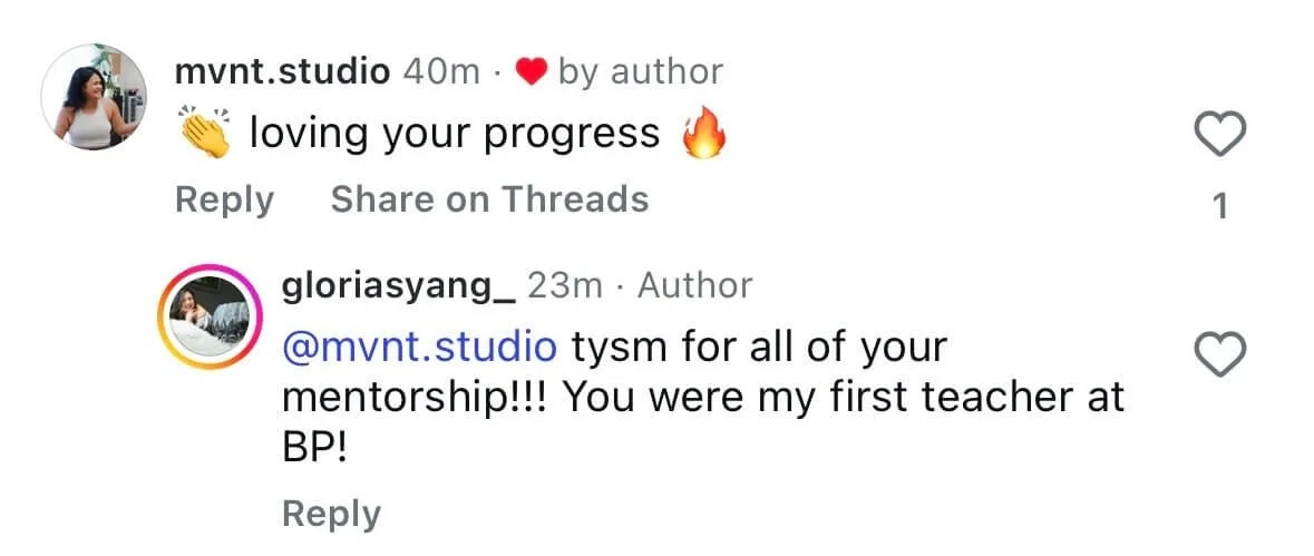 instagram comments captioned mvnt.studio and gloriayang_ responding