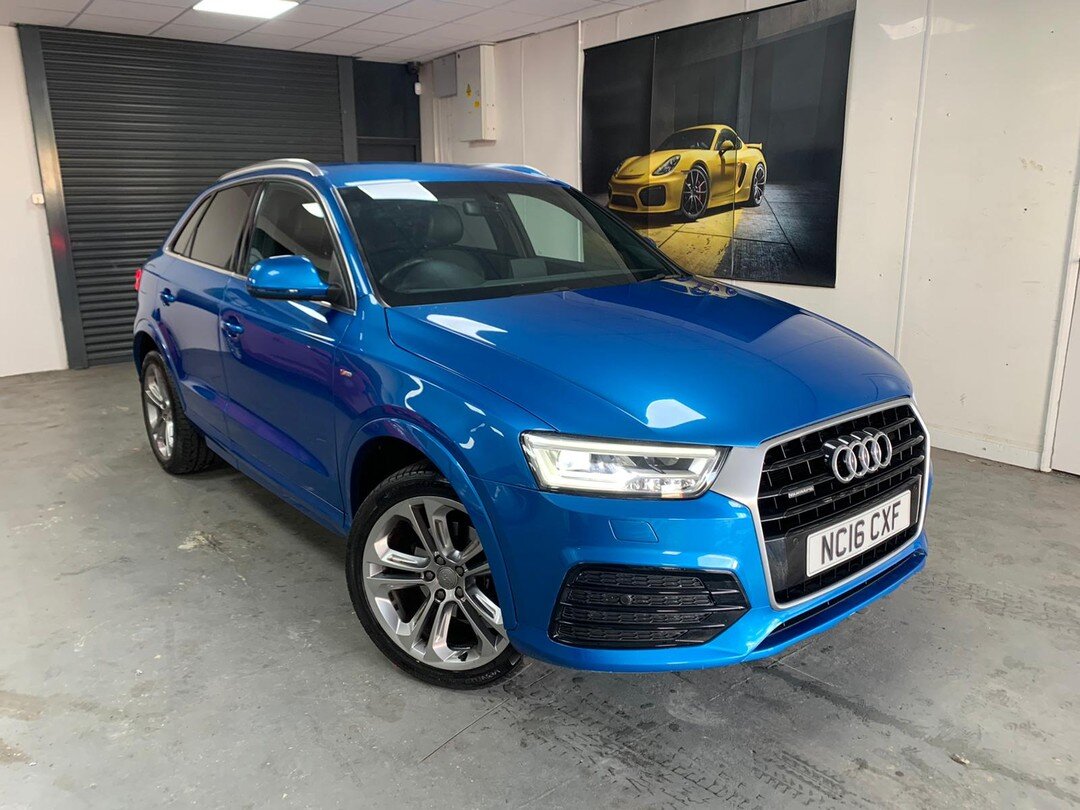 Audi Q3 S Line Plus 2.0 Tdi Quattro DSG Automatic in stunning Metallic Blue with lots of extras including Navigation, Bluetooth, front and rear parking sensors, 19&quot; Alloy, electric folding door mirrors, LED headlights and LED rear lights, automa