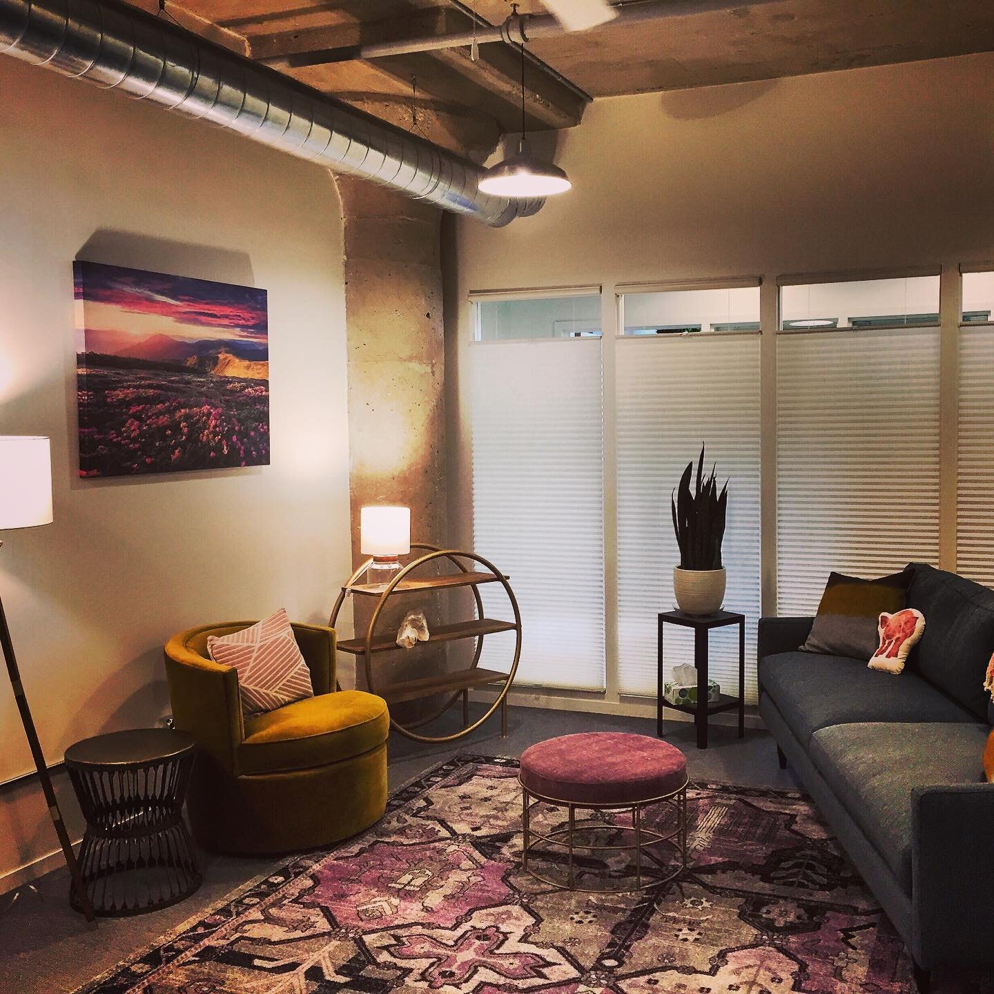 Sometimes called the &ldquo;purple room&rdquo;, love my choice of color and round objects along with the industrial feel of the architecture. This room is easily cozied up for individual therapy or can be our group meeting space. It&rsquo;s also know