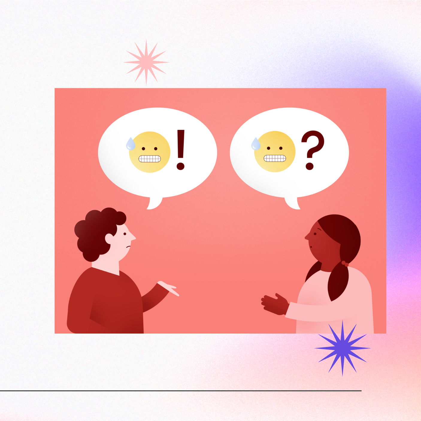 cartoon of two people talking in emoji in bubbles over thier heads