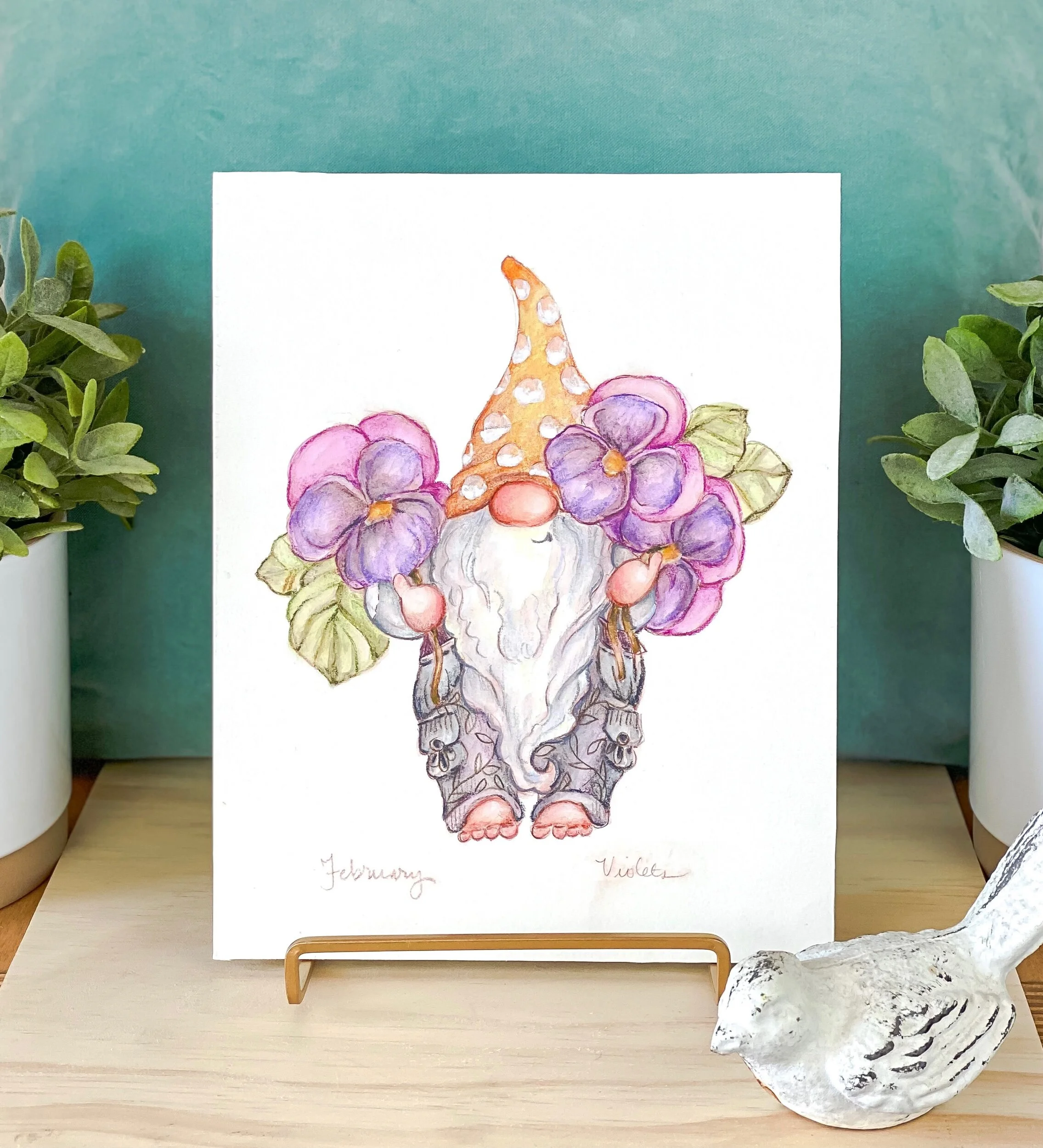 Garden gnome spring birth month flower February violets pansies