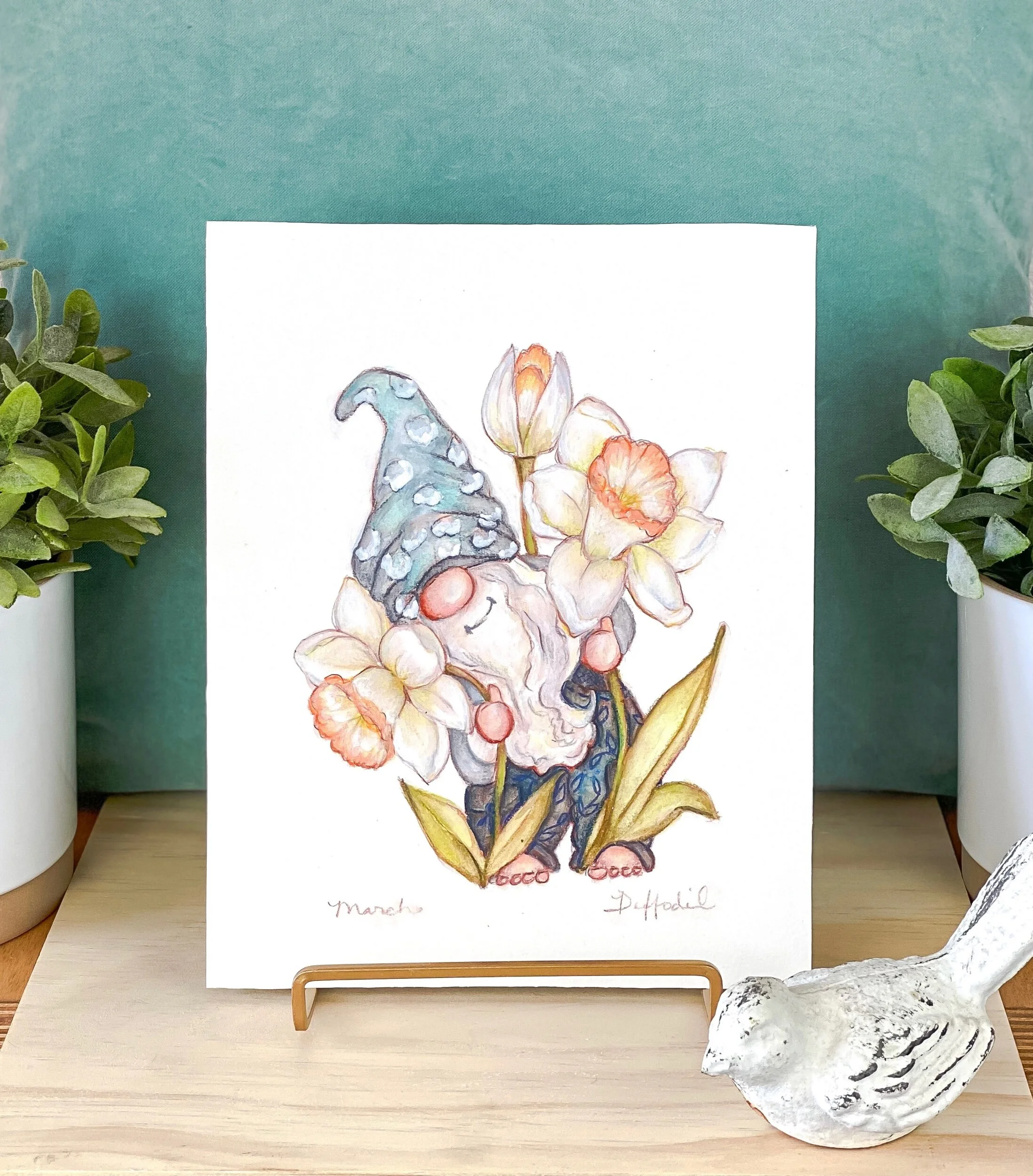 Garden gnome spring birth month flower March daffodils