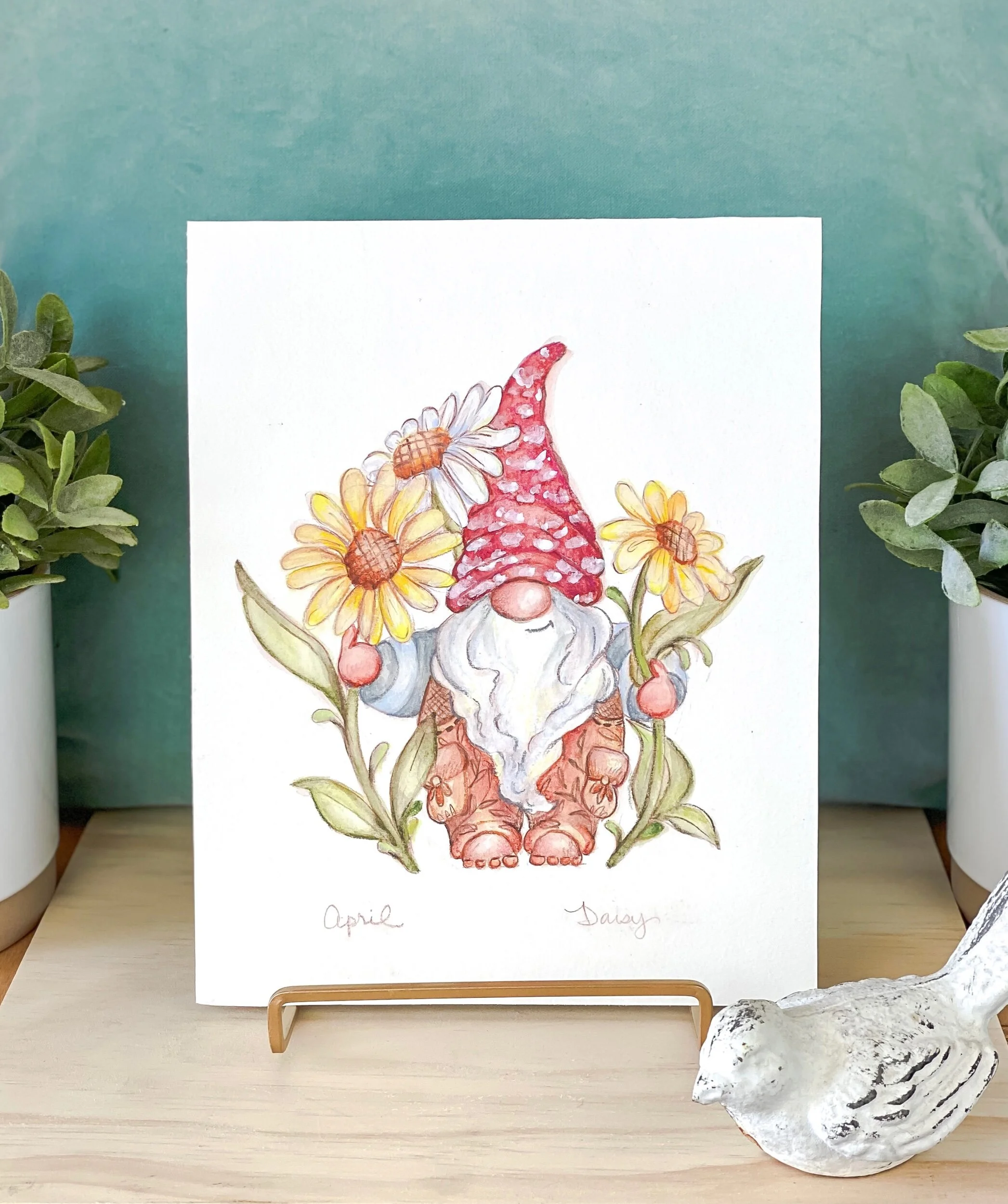 Garden gnome spring birth month flower April yellow daisy