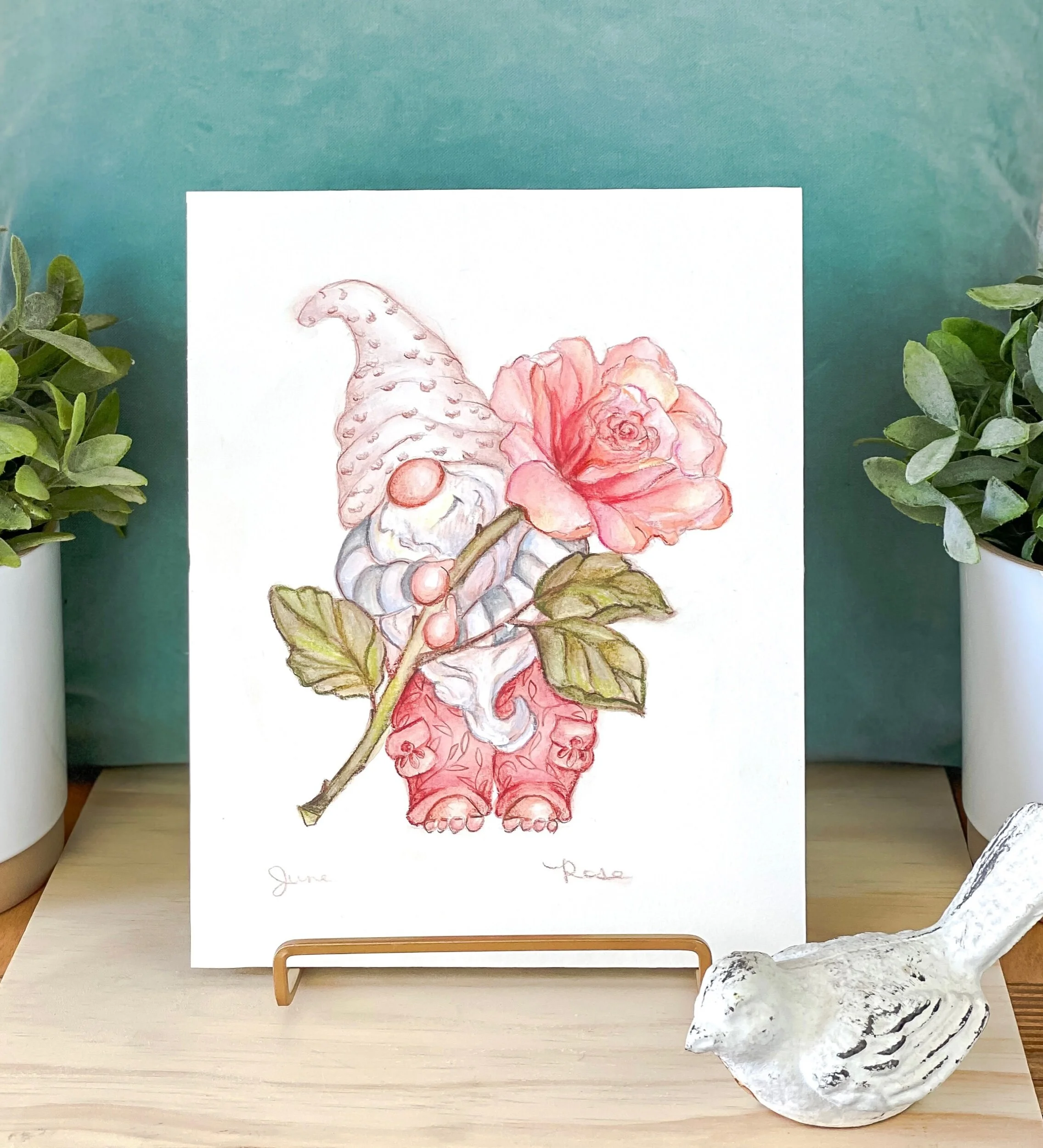Garden gnome spring birth month flower June blush millenial pink rose