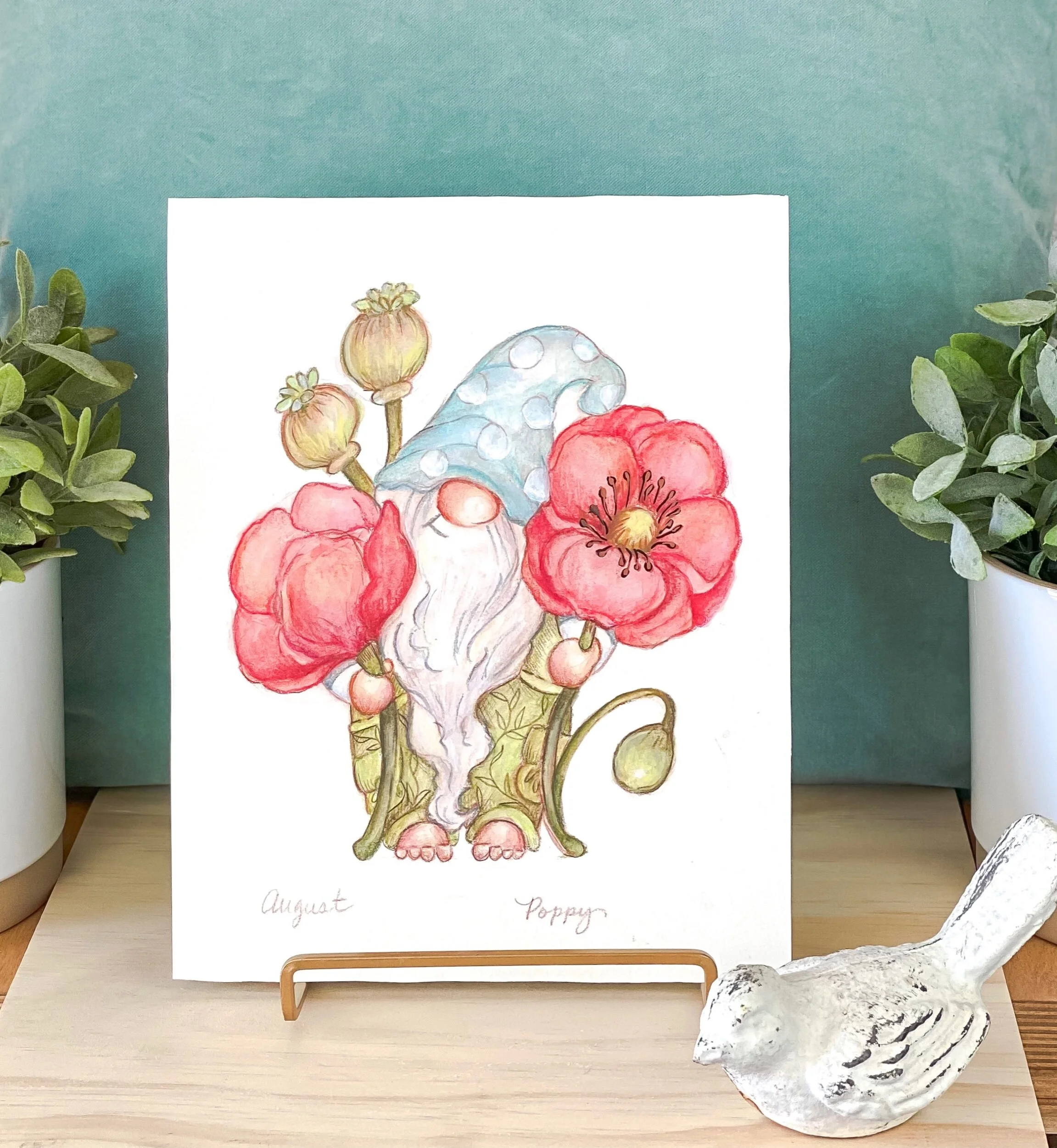 Garden gnome spring birth month flower august red poppy original painting