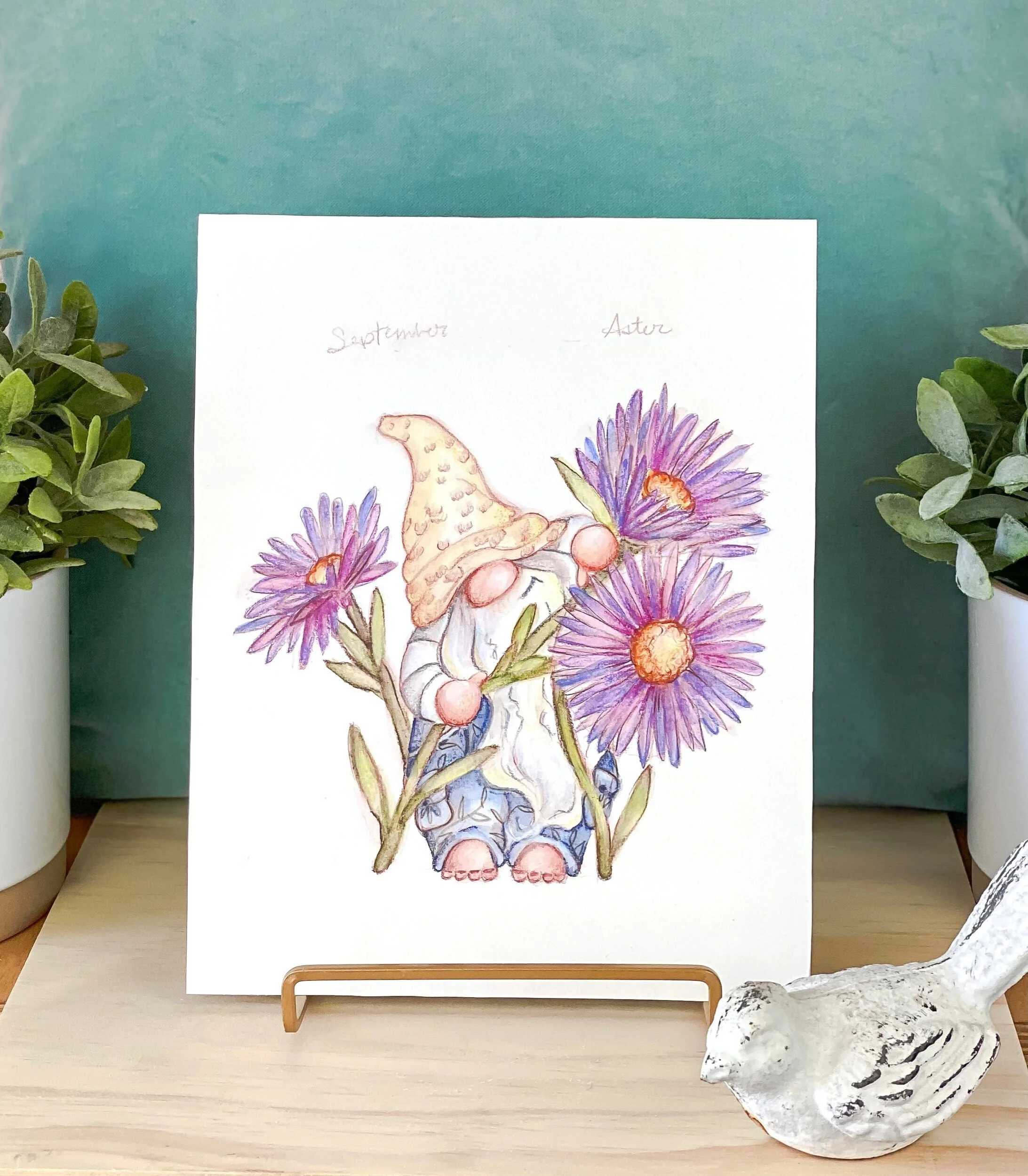 Garden gnome spring birth month flower September purple asters watercolor painting
