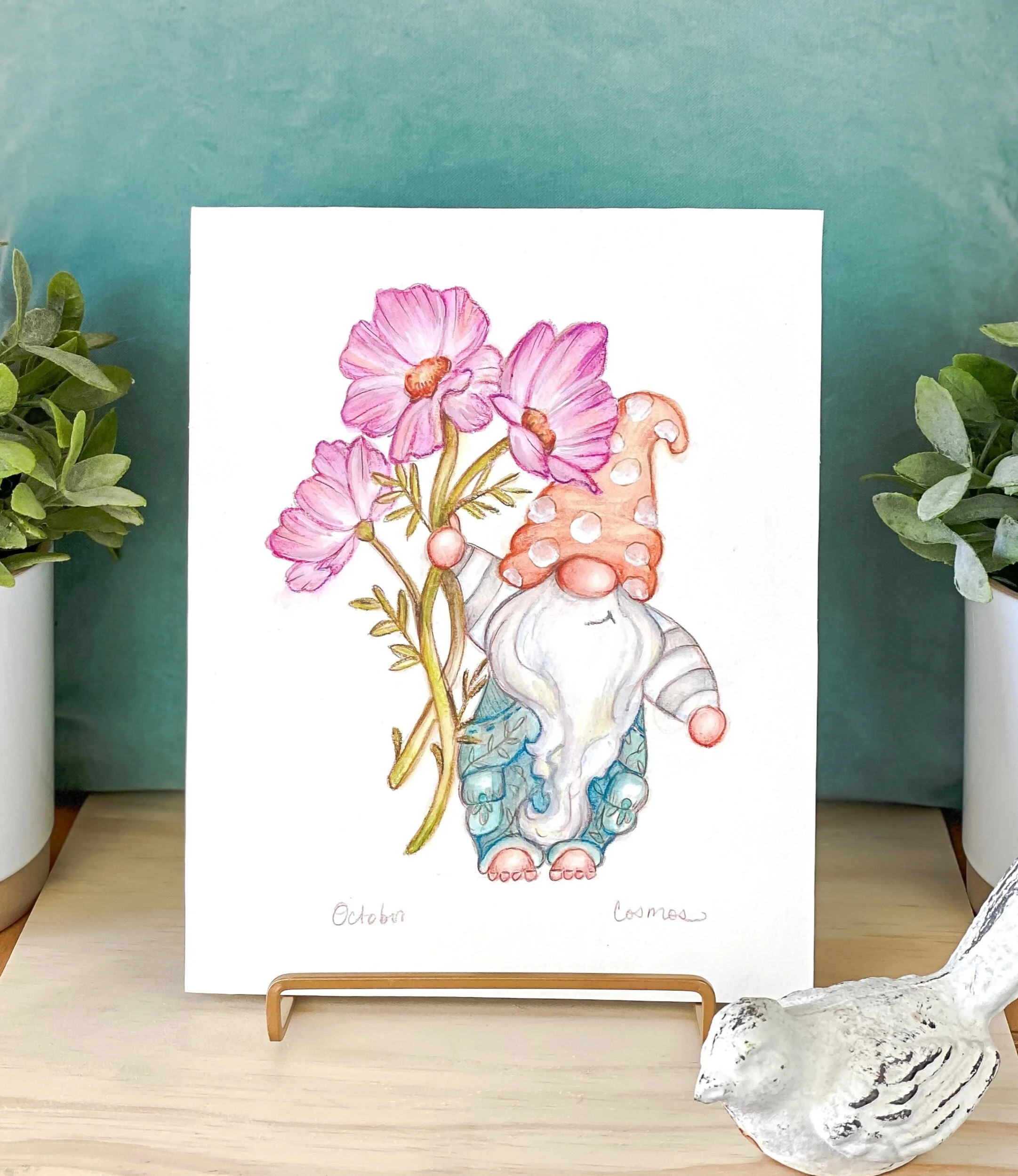 Garden gnome spring birth month flower October fuscia magenta pink cosmos watercolor painting