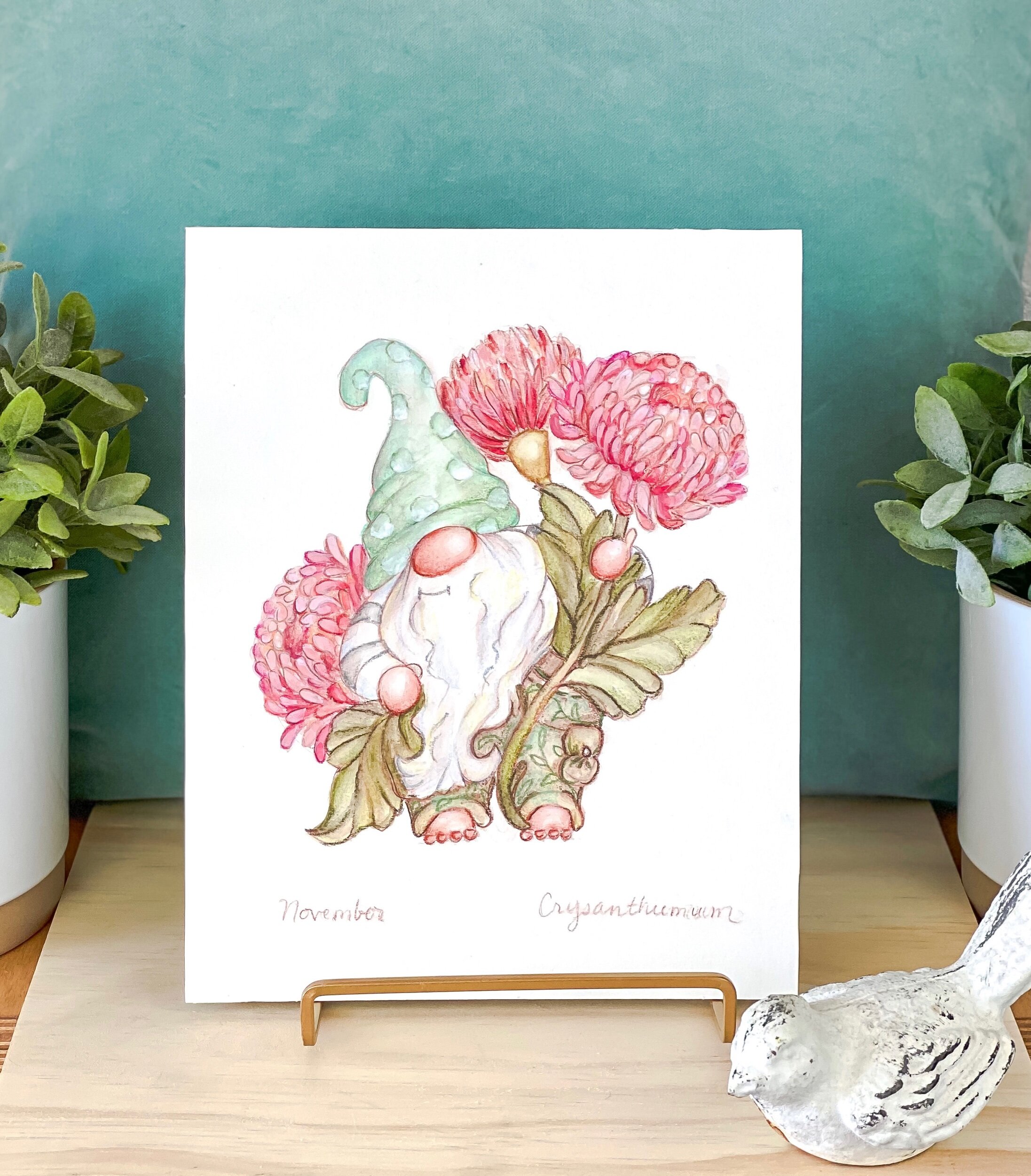 Garden gnome spring birth month flower November chrysanthemums pink red watercolor painting