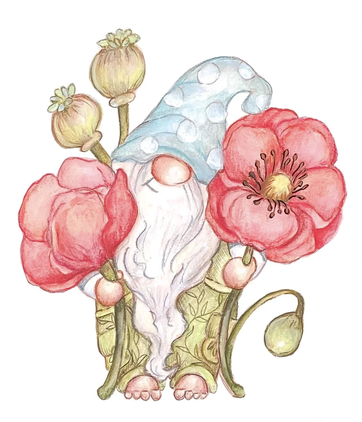 Garden Gnome Print Red Poppy Flower Augus Birth Month Watercolor reproduction
