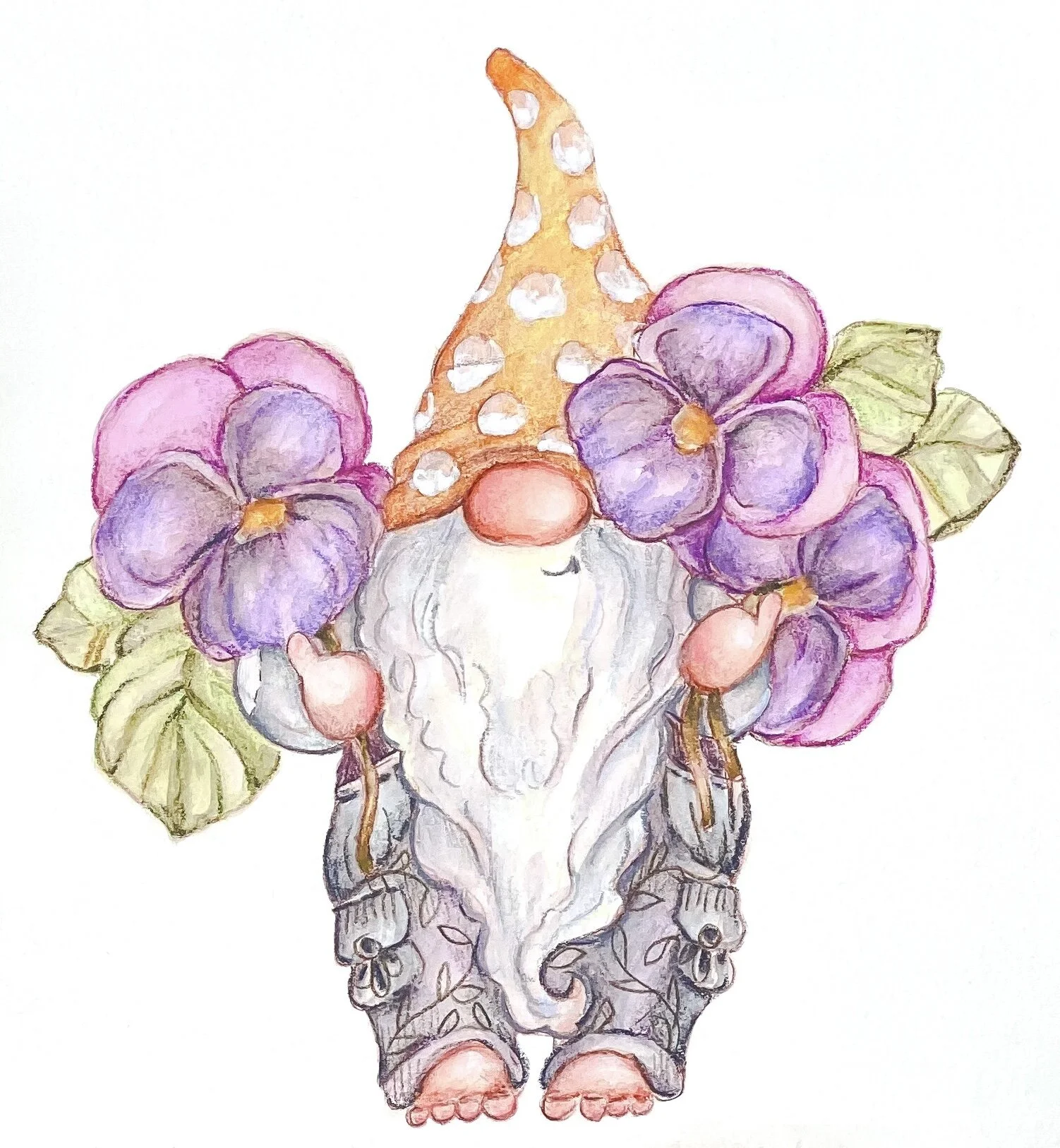 Garden Gnome Print Violet Pansies Flower February Birth Month Watercolor reproduction