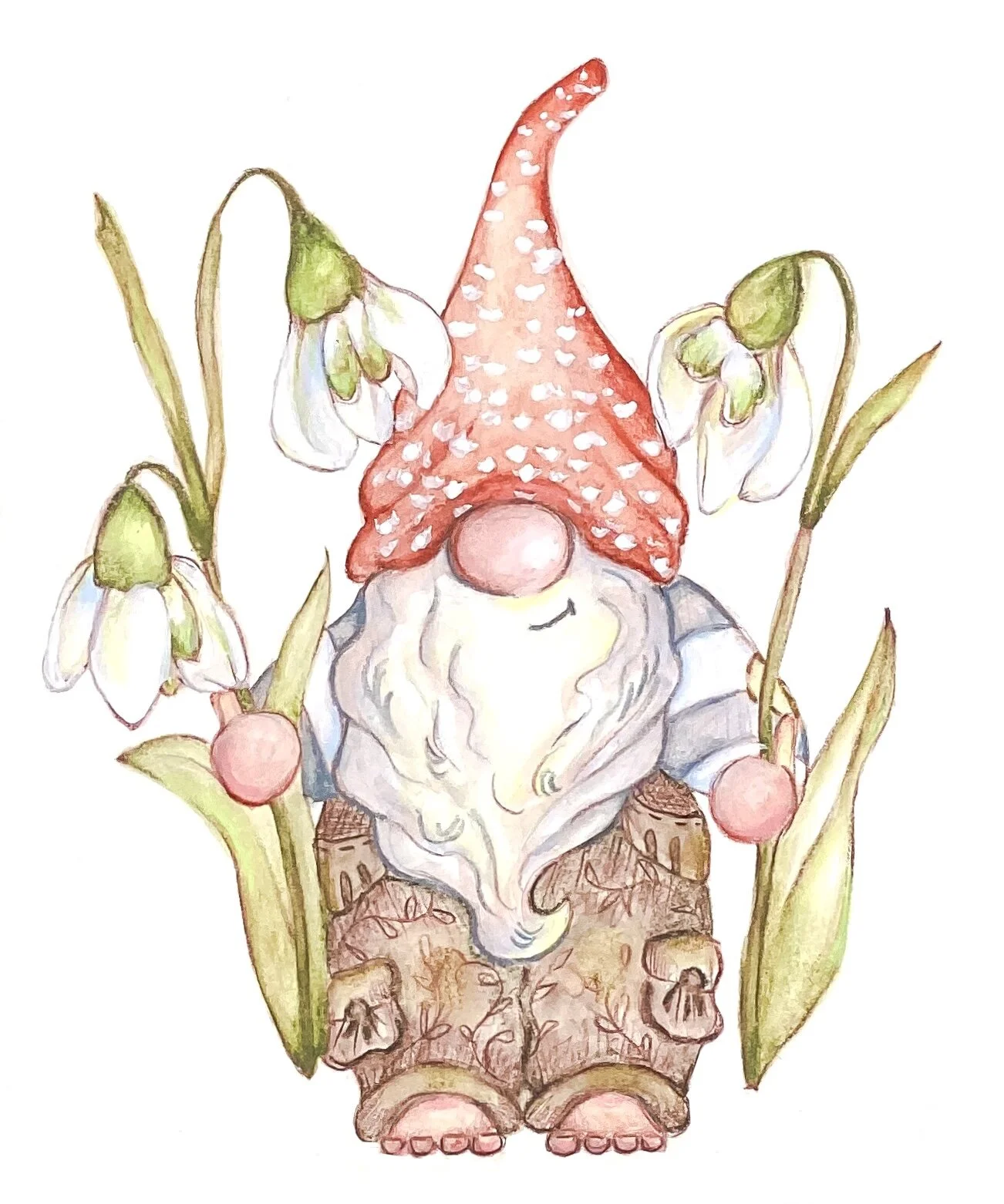 Garden Gnome Print snowdrops Flower January Birth Month Watercolor reproduction
