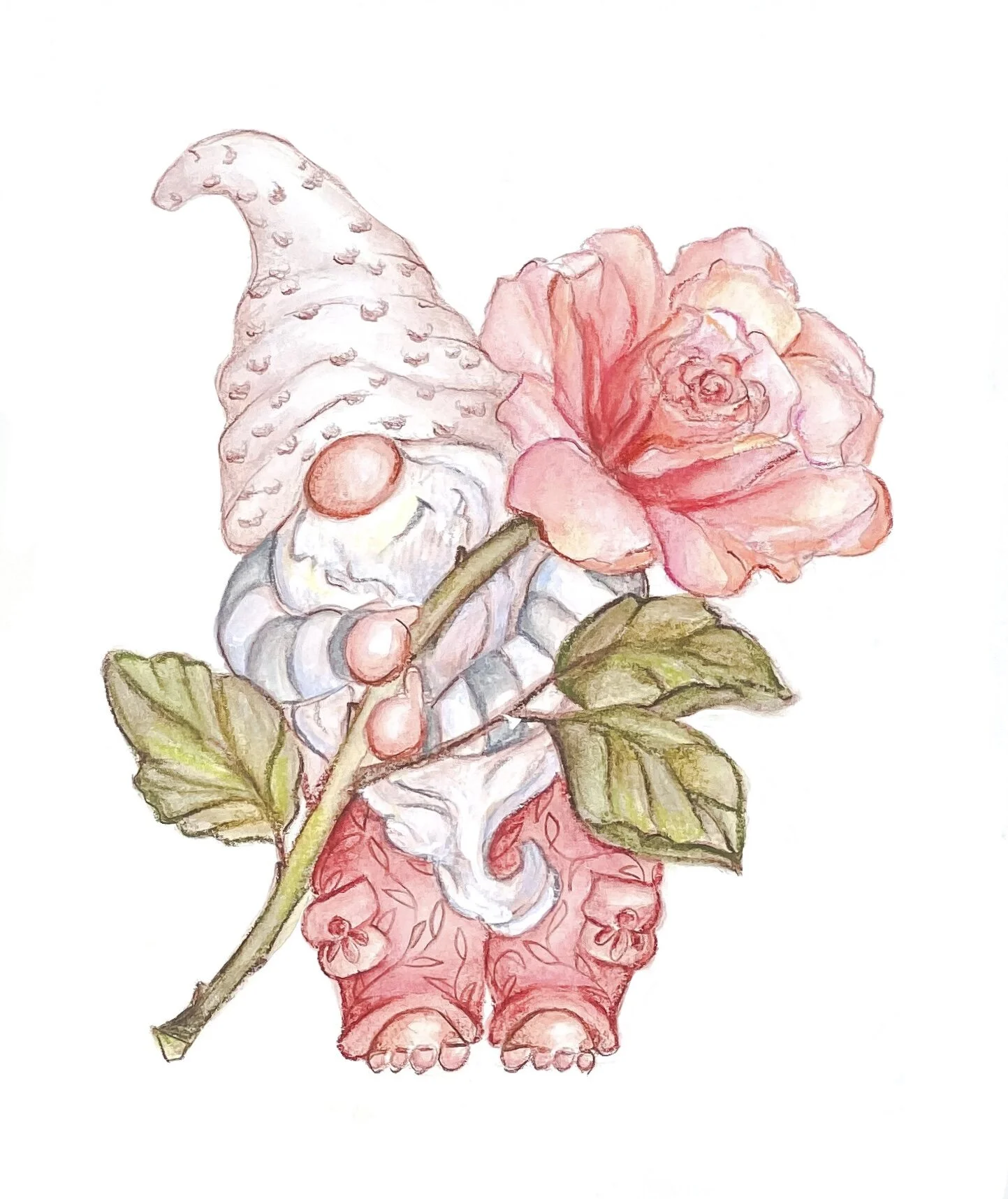 Garden Gnome Print blush pink rose Flower June Birth Month Watercolor reproduction