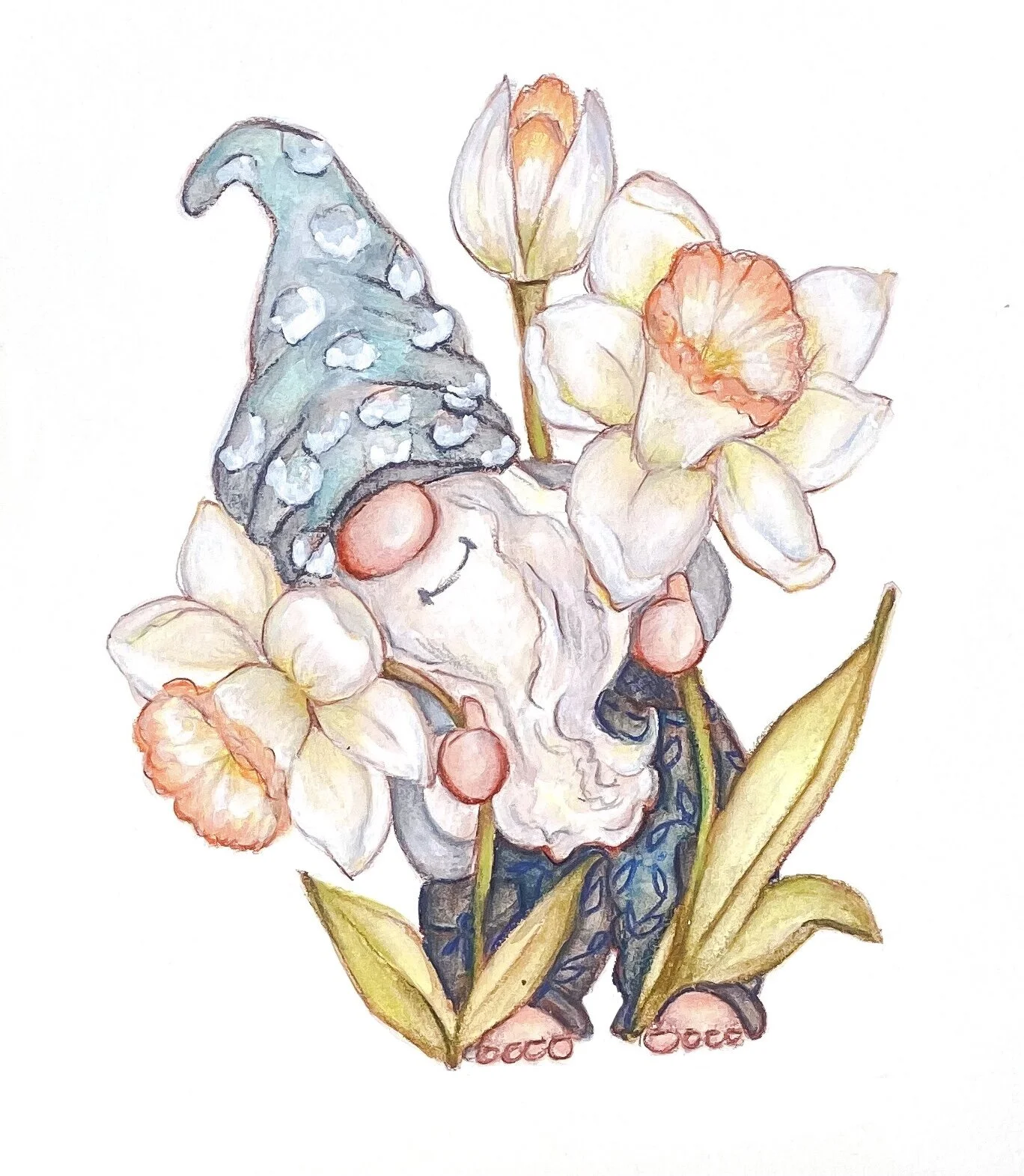 Garden Gnome Print Daffodils Flower March Birth Month Watercolor reproduction