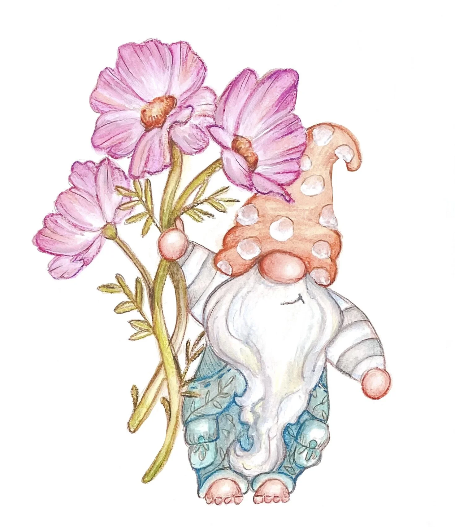Garden Gnome Print Pink Cosmos Flower October Birth Month Watercolor reproduction