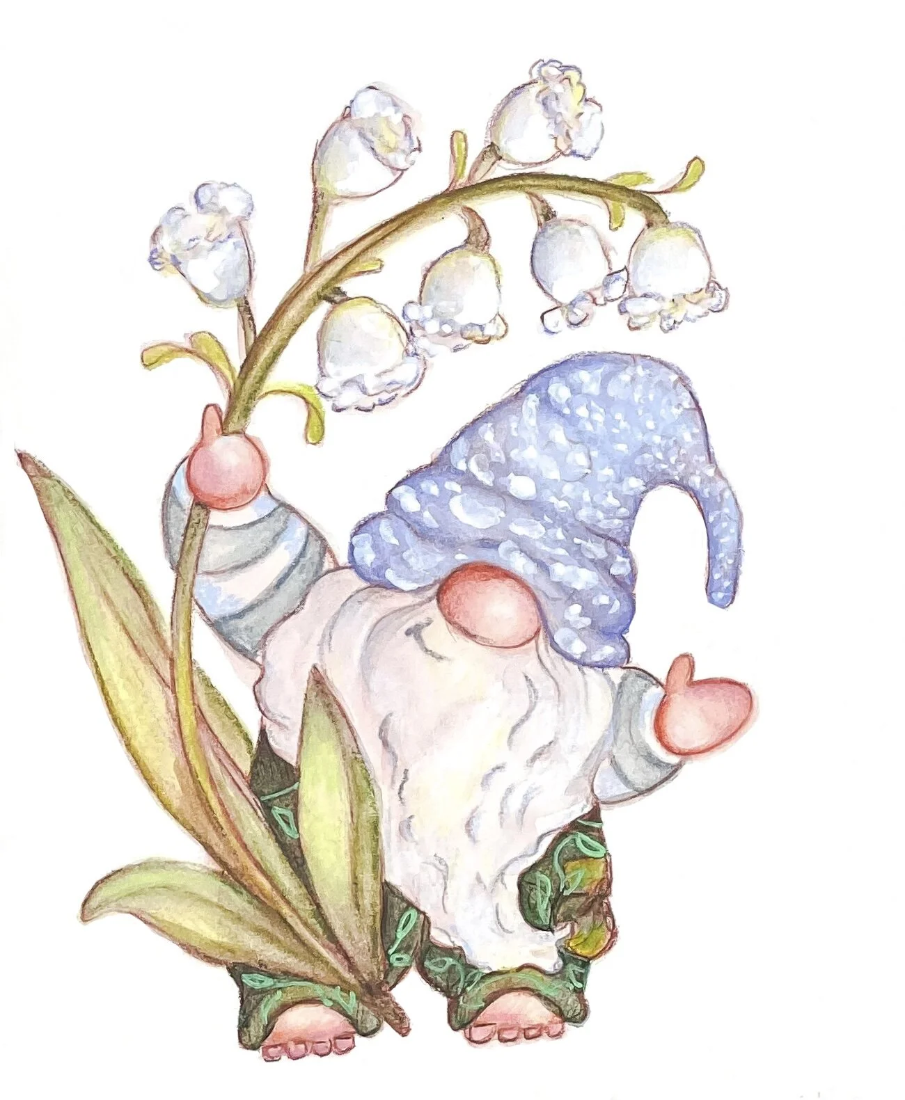 Garden Gnome Print Lily of the Valley Flower May Birth Month Watercolor reproduction