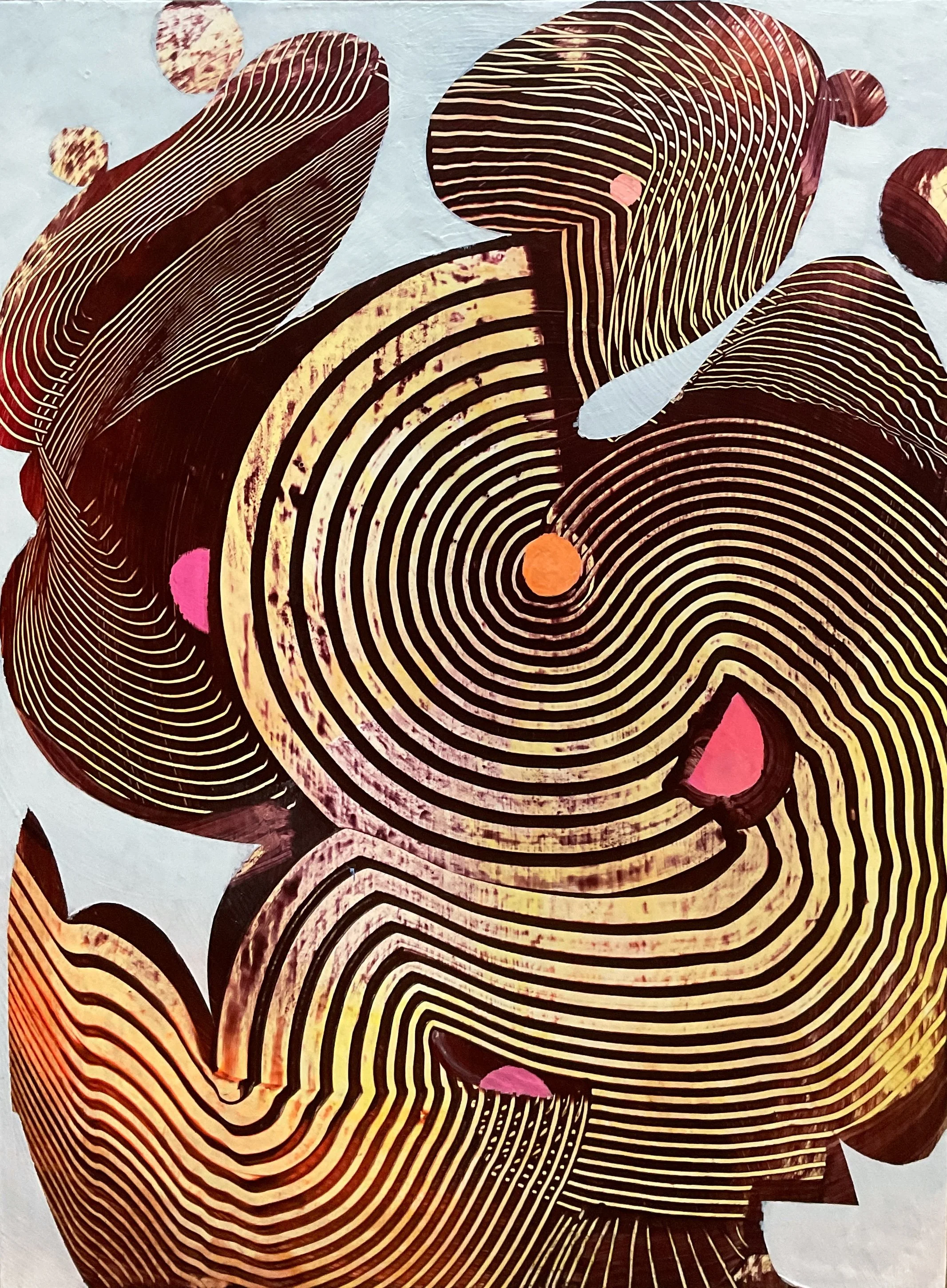 Abstract art featuring concentric circles and flowing lines in shades of yellow, pink, orange, and dark brown on a light background.