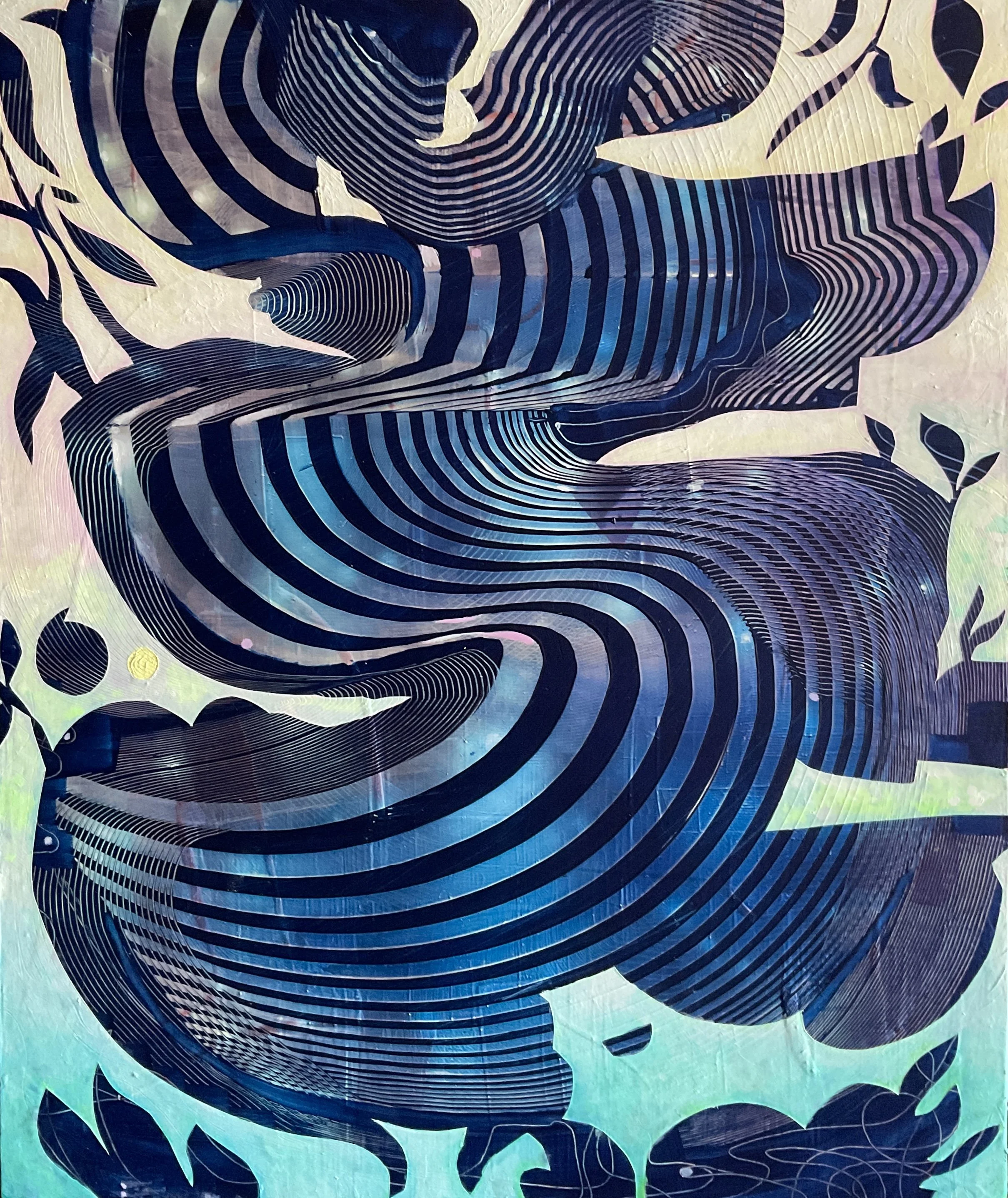 An abstract, holographic-style artwork featuring a flowing, wave-like shape with black and blue stripes, surrounded by leaf patterns and a gradient background.