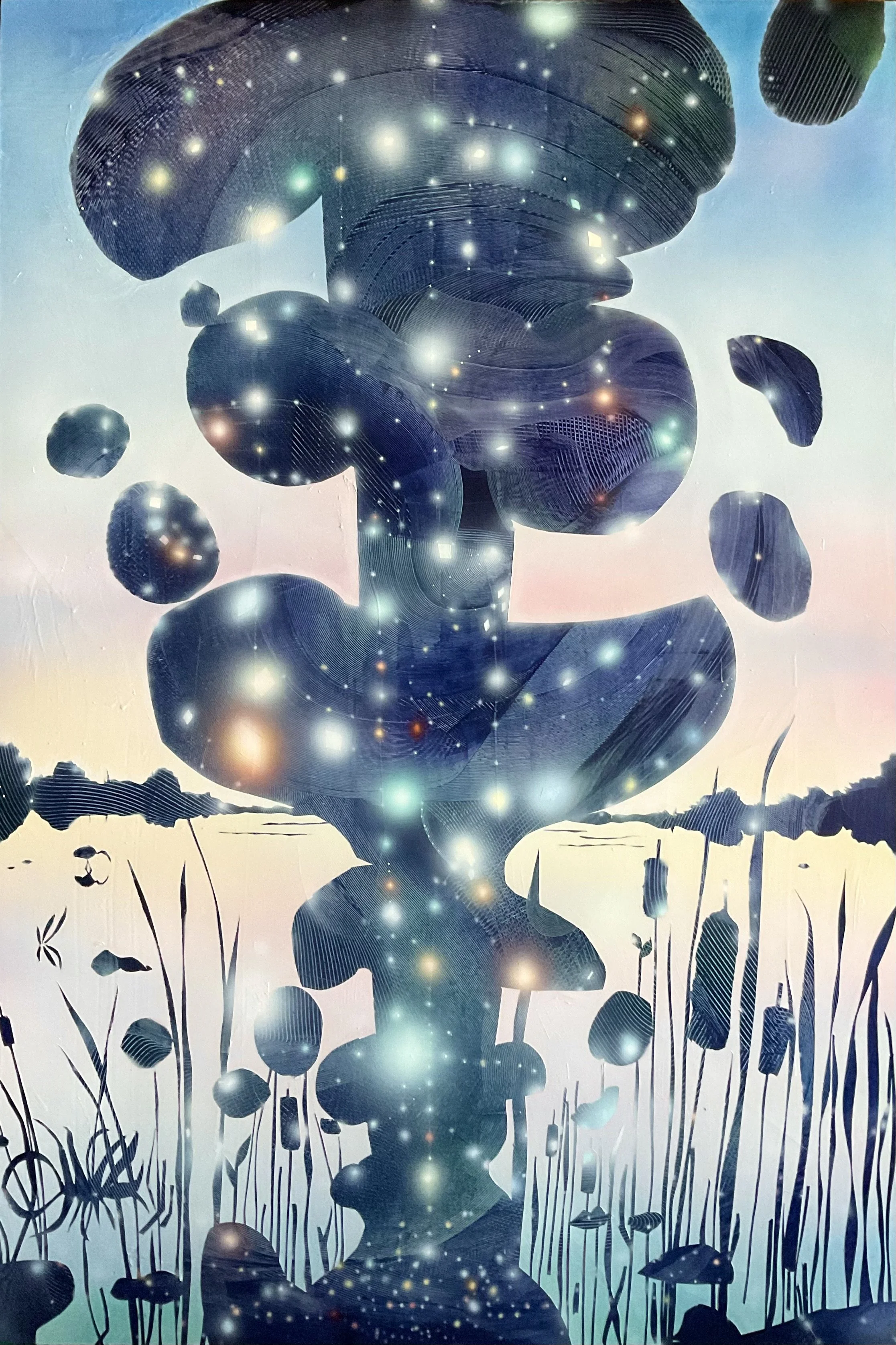 Abstract artwork depicting a large mushroom in a field, with smaller mushrooms and tall grass, illuminated by star-like lights against a pastel sky background.