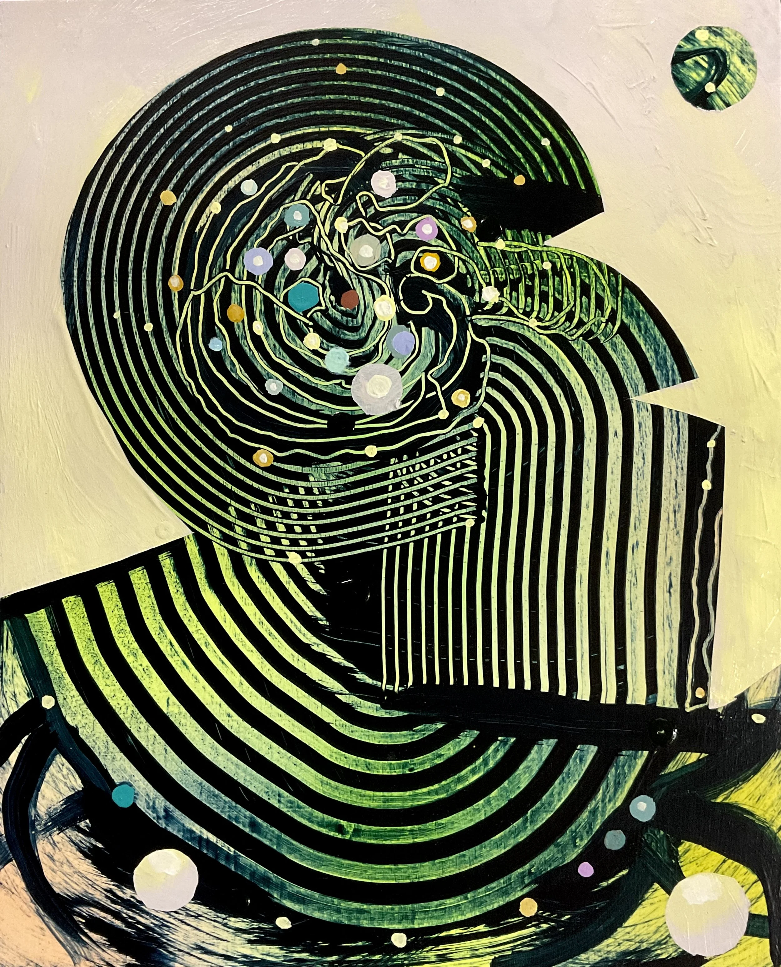 Abstract digital art featuring a human head with swirling and spiral patterns in green, black, and yellow, with colorful dots and lines representing a galaxy or cosmic scene.
