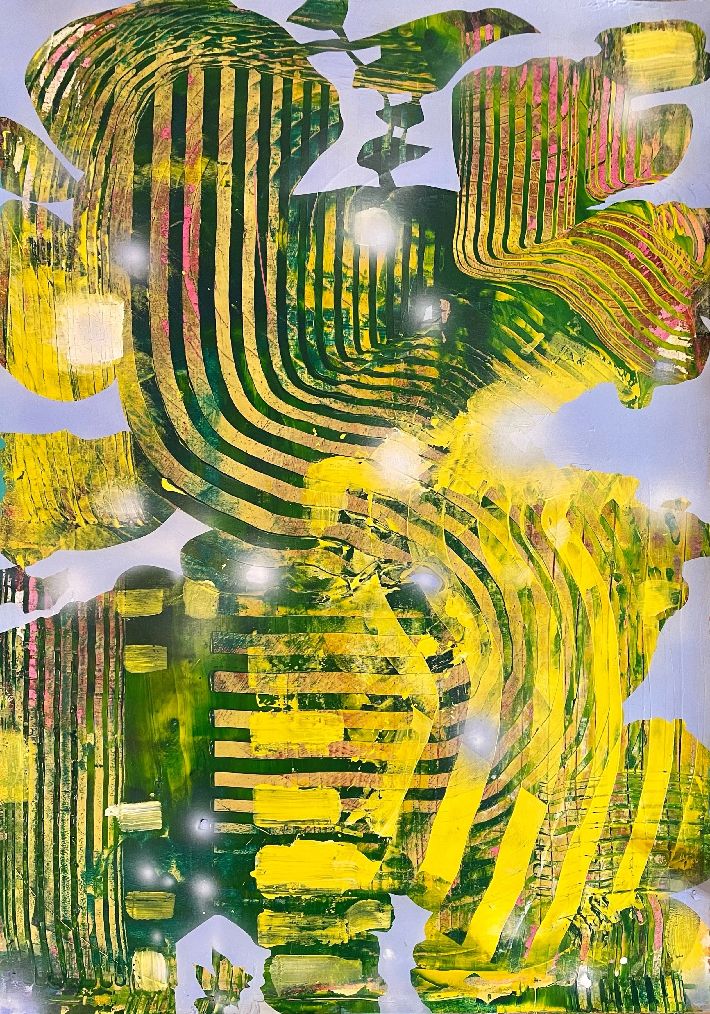 Abstract artwork with yellow and black striped patterns, irregular shapes, and green and pink accents.