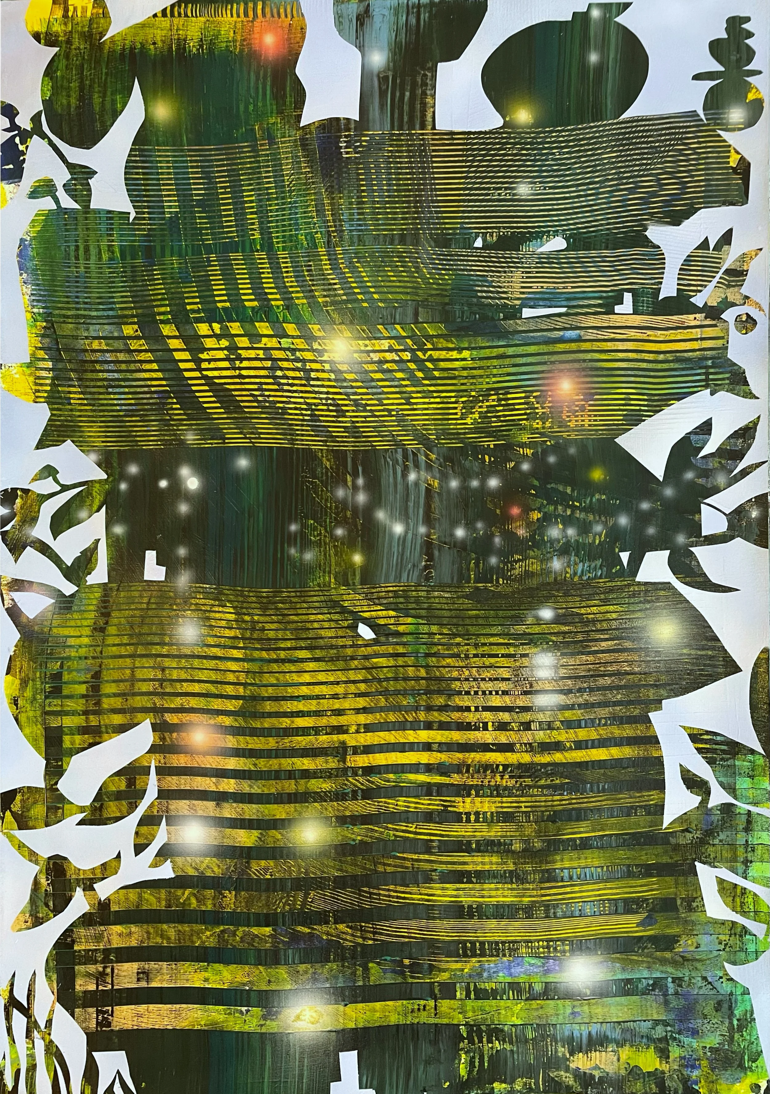 Digital artwork featuring abstract layered imagery of a modern building with reflective windows, surrounded by an intricate white border with leaf-like shapes, and sparkles or glowing effects across the scene.