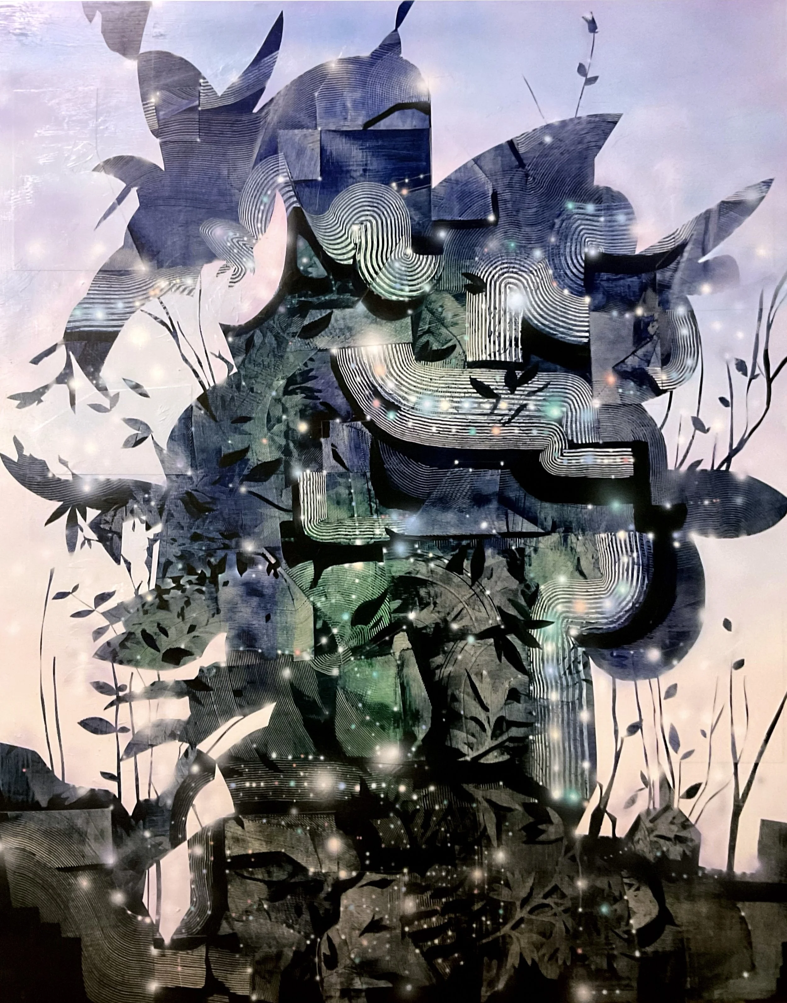 Abstract art piece featuring dark silhouettes of foliage with layered, colorful geometric shapes and swirling patterns, overlaid with a sparkling, star-like effect.