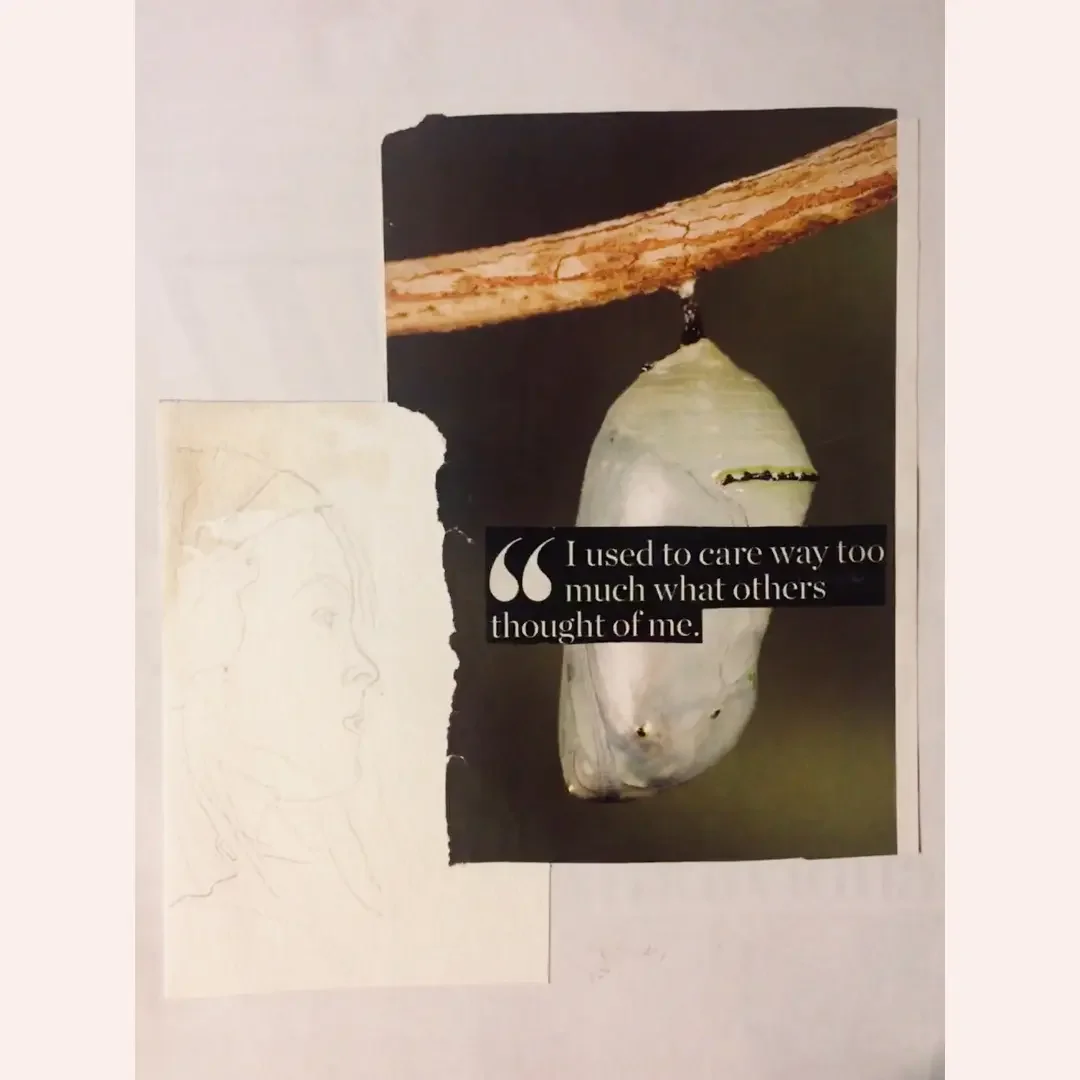 Artistic collage of a cocoon with the text: 'I used to care way too much what others thought of me.' A metaphor for transformation and shedding old beliefs.
