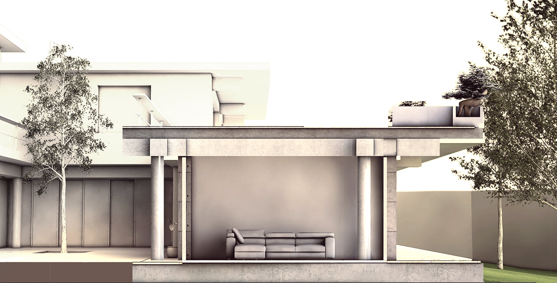 The interior space unit are single - layered, surrounded by landscape in every direction. The position of the interior space in relation to the southern and northern yard and the courtyard binds the inside of the house to its environment.
